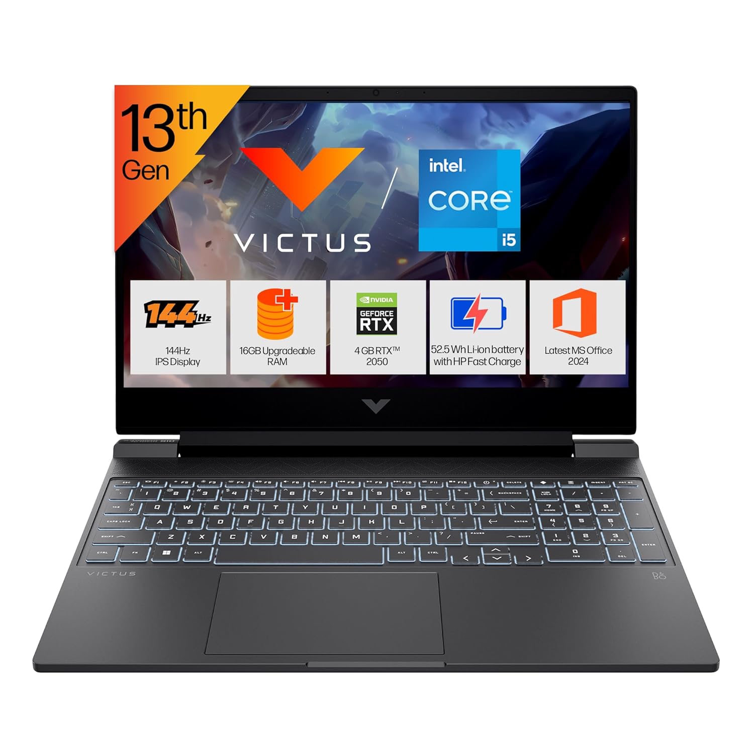 HP Victus, 13th Gen Intel Core i5-13420H, RTX 2050, Upgrade(Upto 32GB) 16GB DDR4, 512GB SSD, FHD, 144Hz, IPS, 300 nits, 15.6”/39.6cm, Win11, M365* Office24, Mica Silver, 2.3kg, fa2703tx Gaming Laptop HP Victus, 13th Gen Intel Core i5-13420H, RTX 2050, Upgrade(Upto 32GB) 16GB DDR4, 512GB SSD, FHD, 144Hz, IPS, 300 nits, 15.6”/39.6cm, Win11, M365* Office24, Mica Silver, 2.3kg, fa2703tx Gaming Laptop