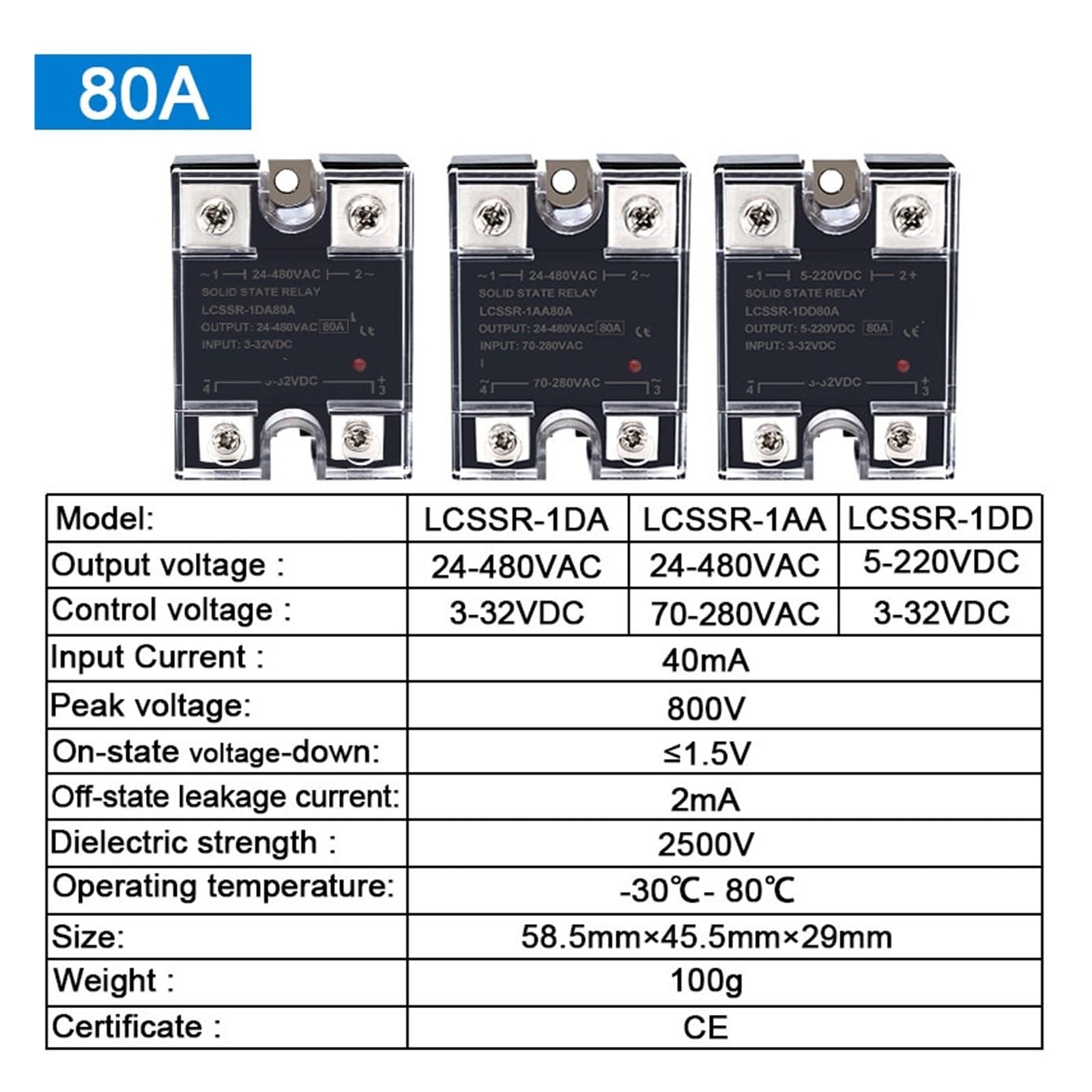 Relé de estado sólido 10 A, 25 A, 40 A, 60 A, 80 A, 100 A, 120 A, 200 A, 240 A, relé de control monofásico CC a CA CC a CA 3-32 V CC (80 A)