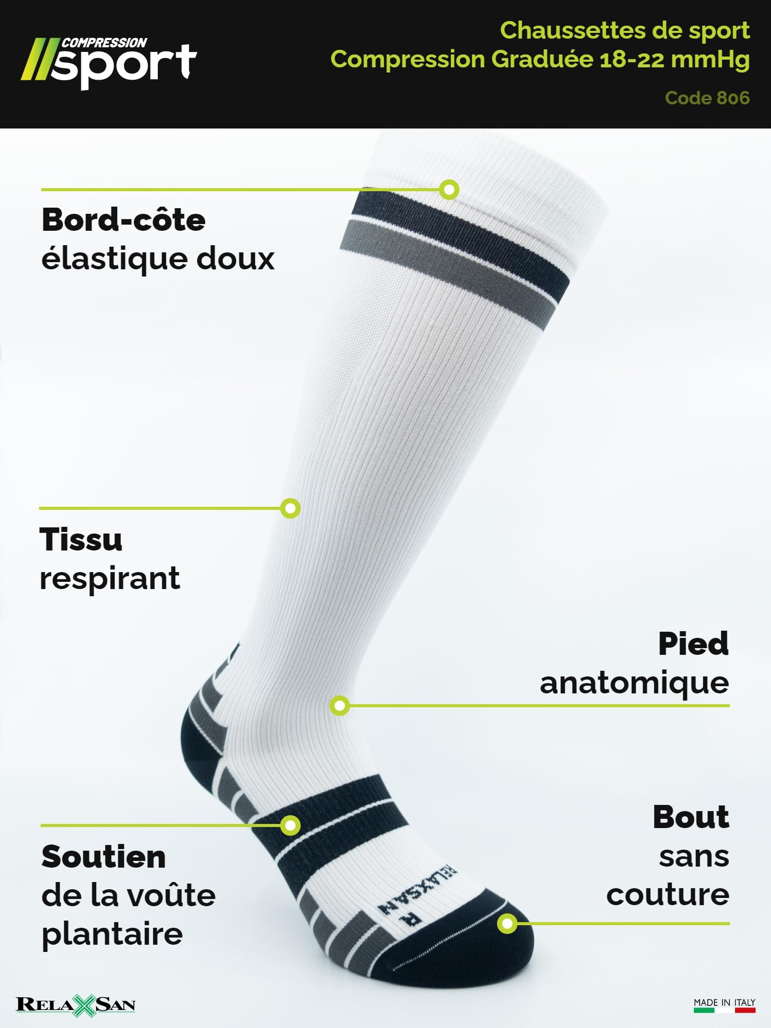 Relaxsan Chaussettes de Contention Femme et Homme, Sport et Running, Compression 18-22 mmHg, Made in Italy, 806