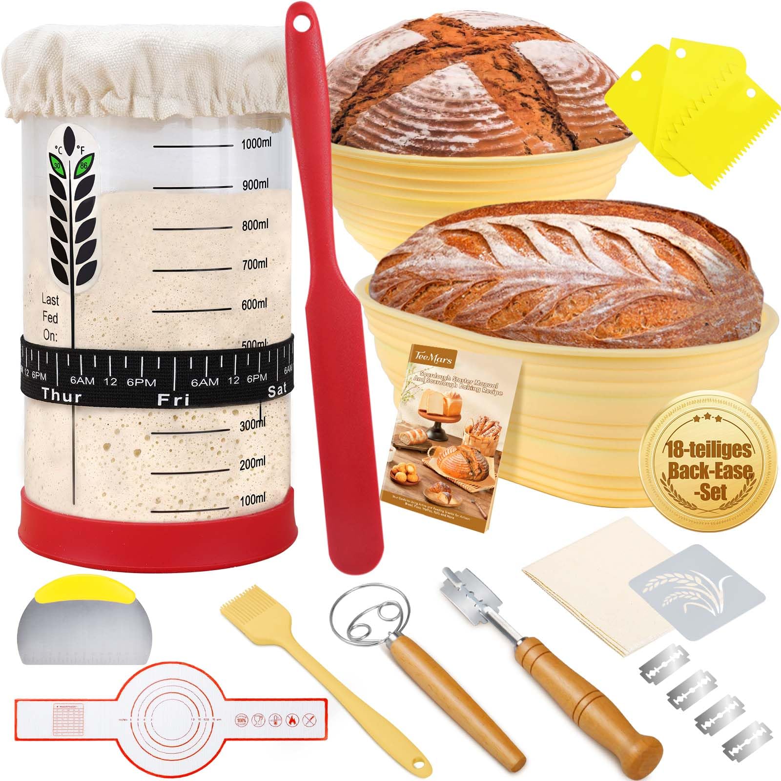 BakeEase Sauerteig-Set für Anfänger, 1200ml Sauerteigglas, 2 Gärkörbchen aus Silikon, Thermometer, Fütterungstracker, Sauerteigrezept, Dutch Oven Sling, Schaber, 18-teiliges Sauerteig-Starter-Set
