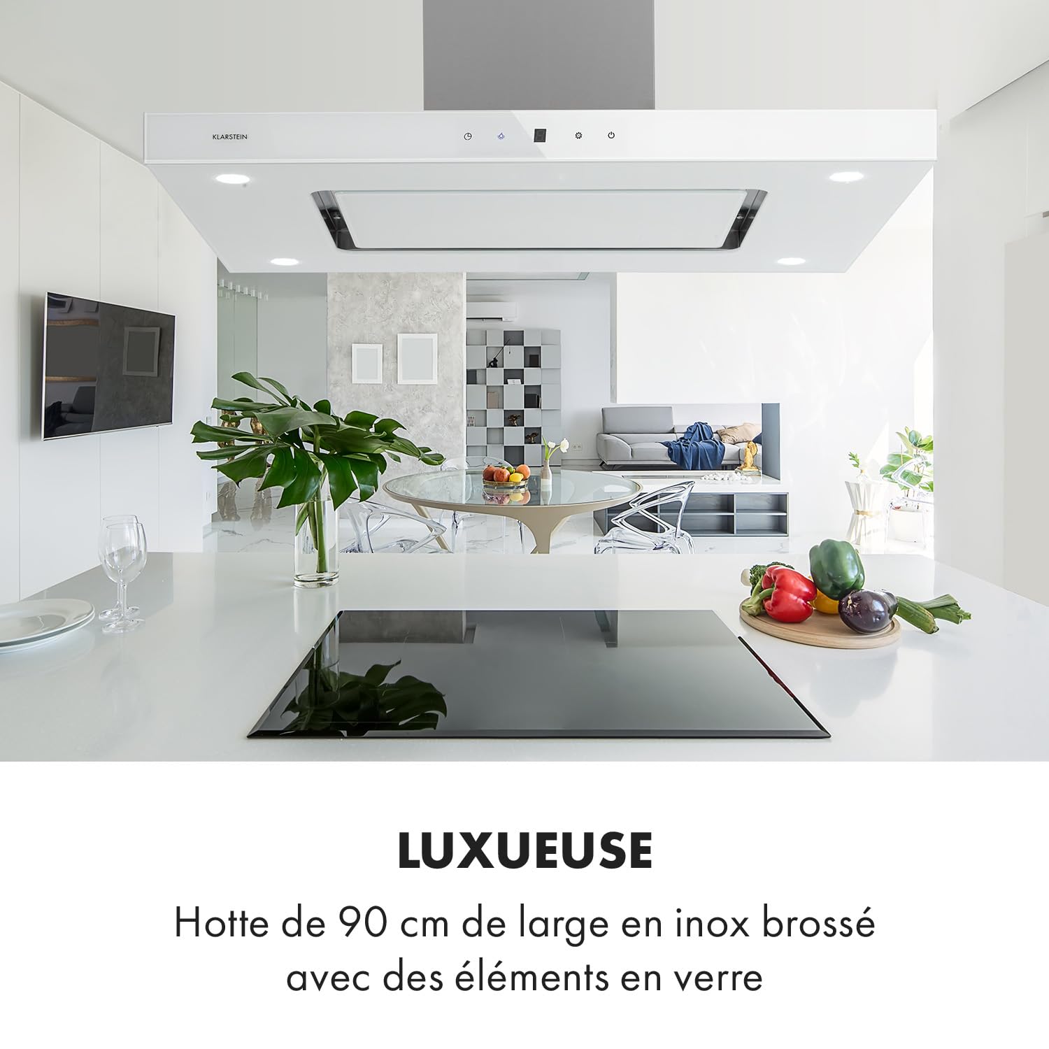 Klarstein Valeria Hotte Îlot - 230W, débit max. 642 m³/h, 3 niveaux de puissance, éclairage LED, panneau tactile, verre, inox, éco-énergétique, PureAmbience Concept, blanc