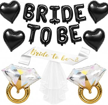 Black Bachelorette Party Decorations, Black Bride to Be Banner Heart Balloons with Diamond Ring Foil Balloon, Gold Bride to Be Sash&Veil for Bachelorette Engagement Gift Bridal Shower Party Supplies