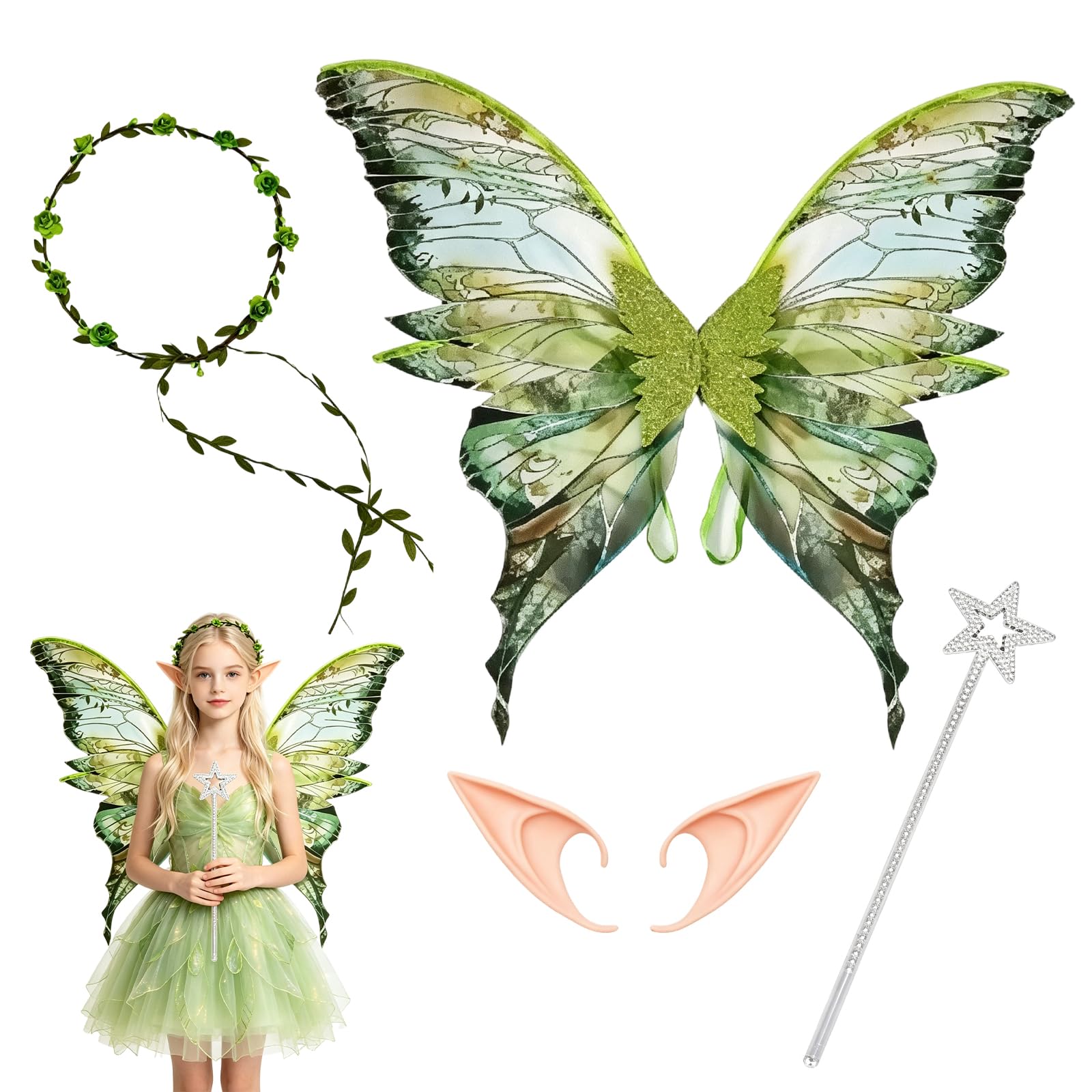 5 PCS SET Fairie Costume，Includes 1 Wing, 2 Elf Ears, 1 Nine-flower Garland, and 1 Star Stick, Fairy Costume Women with Green Digital Print, Complete Set for Halloween Parties and Cosplay Events