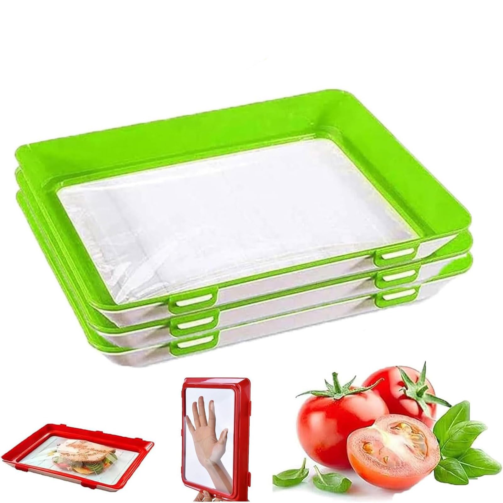 Endyniner Food Preservation Tray, Reusable Food Preserving Tray - with Stretch Cover, Stackable Food Tray Creative Silicone Fresh Tray (green-3pcs)