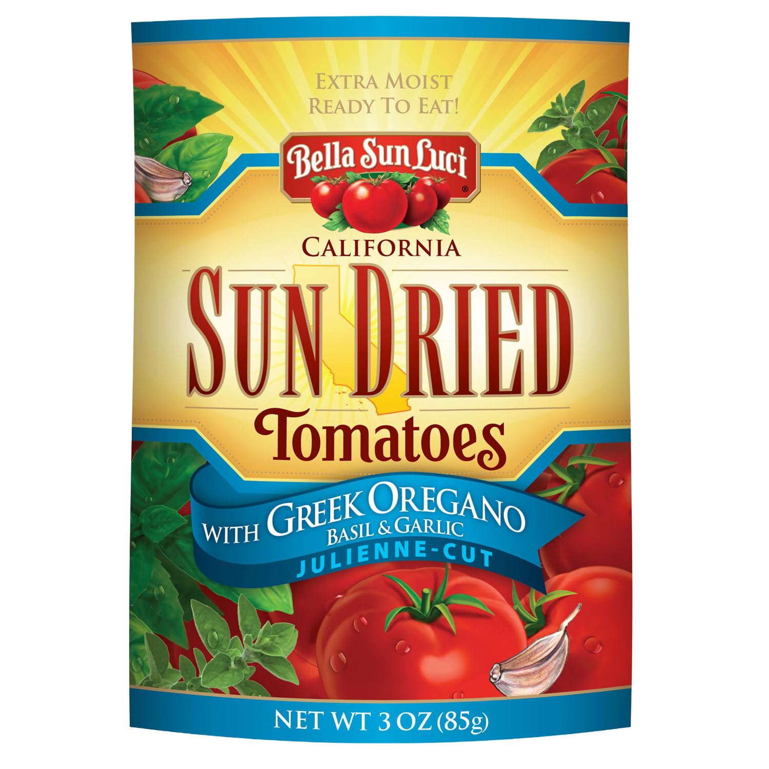 Sun Dried Tomatoes with Greek Oregano, Basil & Garlic, Gluten-Free, Vegan, California Grown, Mediterranean Style Sun-Ripened Tomatoes, Premium Ingredient for Pasta, Pizza, Salads (1 Pack)