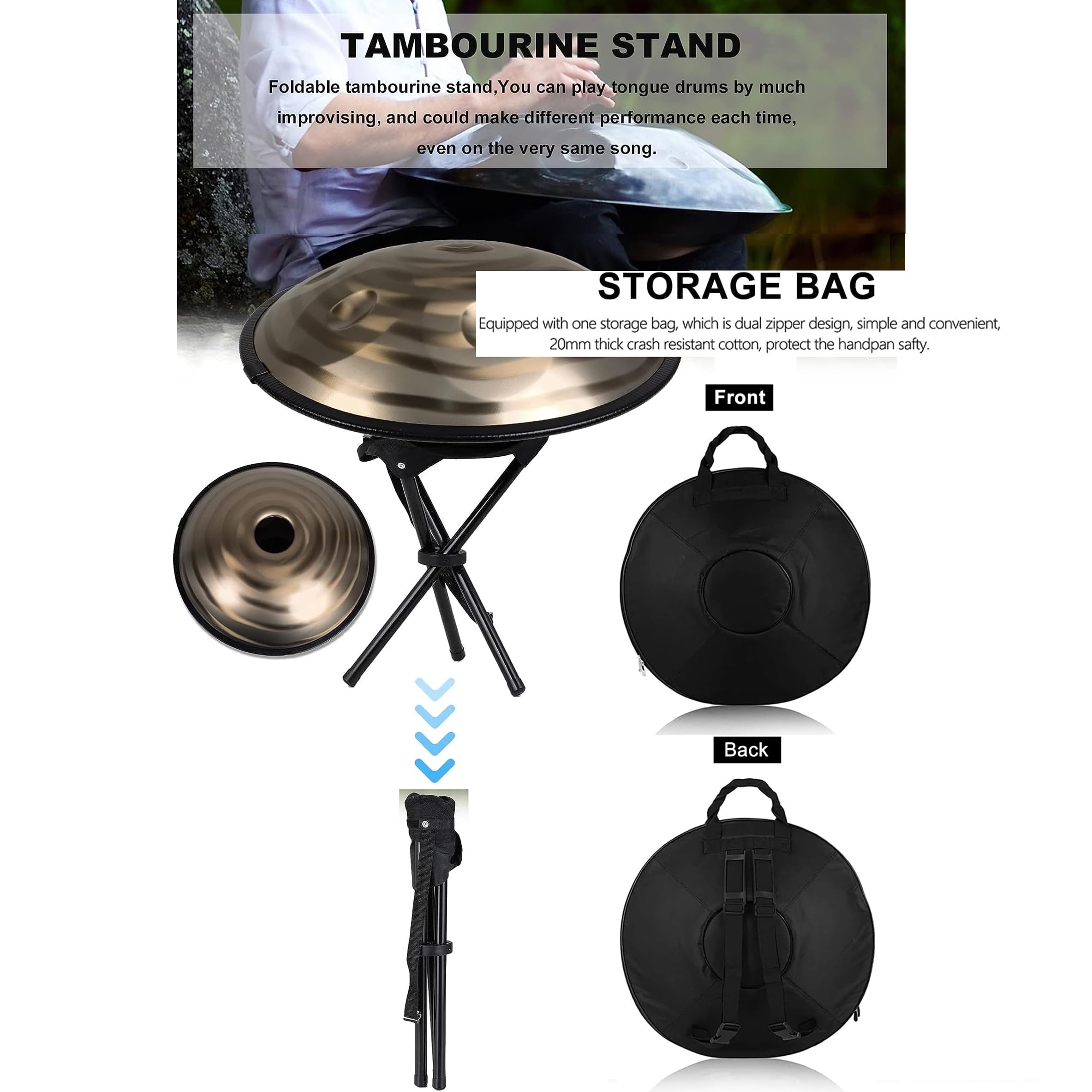 Handpan Drum Instrument 9/10 Notes, 22 Pouces en D Mineur - Tambour à Main en Acier Avec Sac Soft, 2 Maillets, Stand - Pour la Guérison Sonore, Méditation