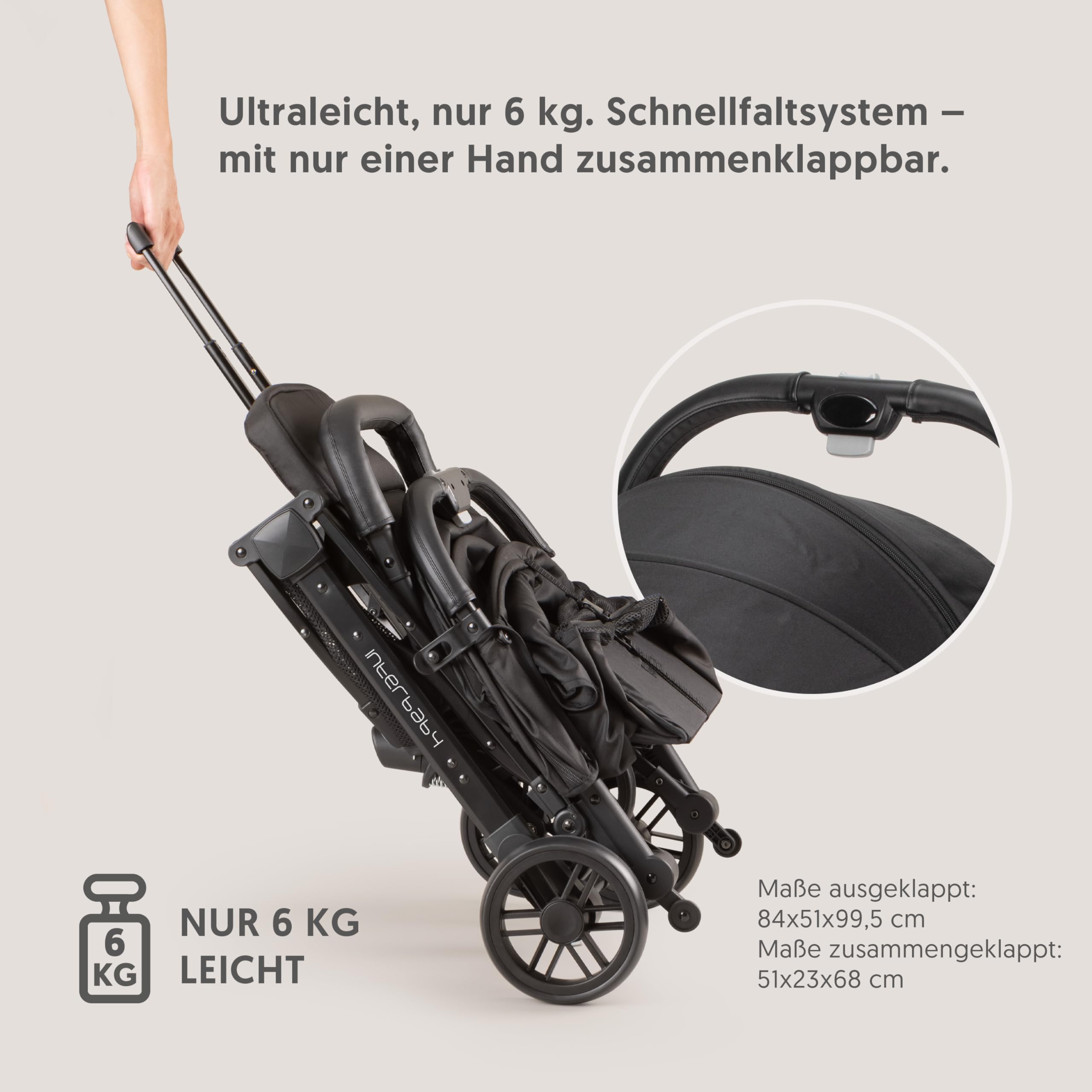 Interbaby Reisebuggy klein bis 22 kg Handgepäck, Liegefunktion (Schwarz) | Reisebuggy Einhand-Faltsystem, Flugzeug Handgepäck, XXL Verdeck UV50+, Liegefunktion, 4-Rad-Federung, ab Geburt