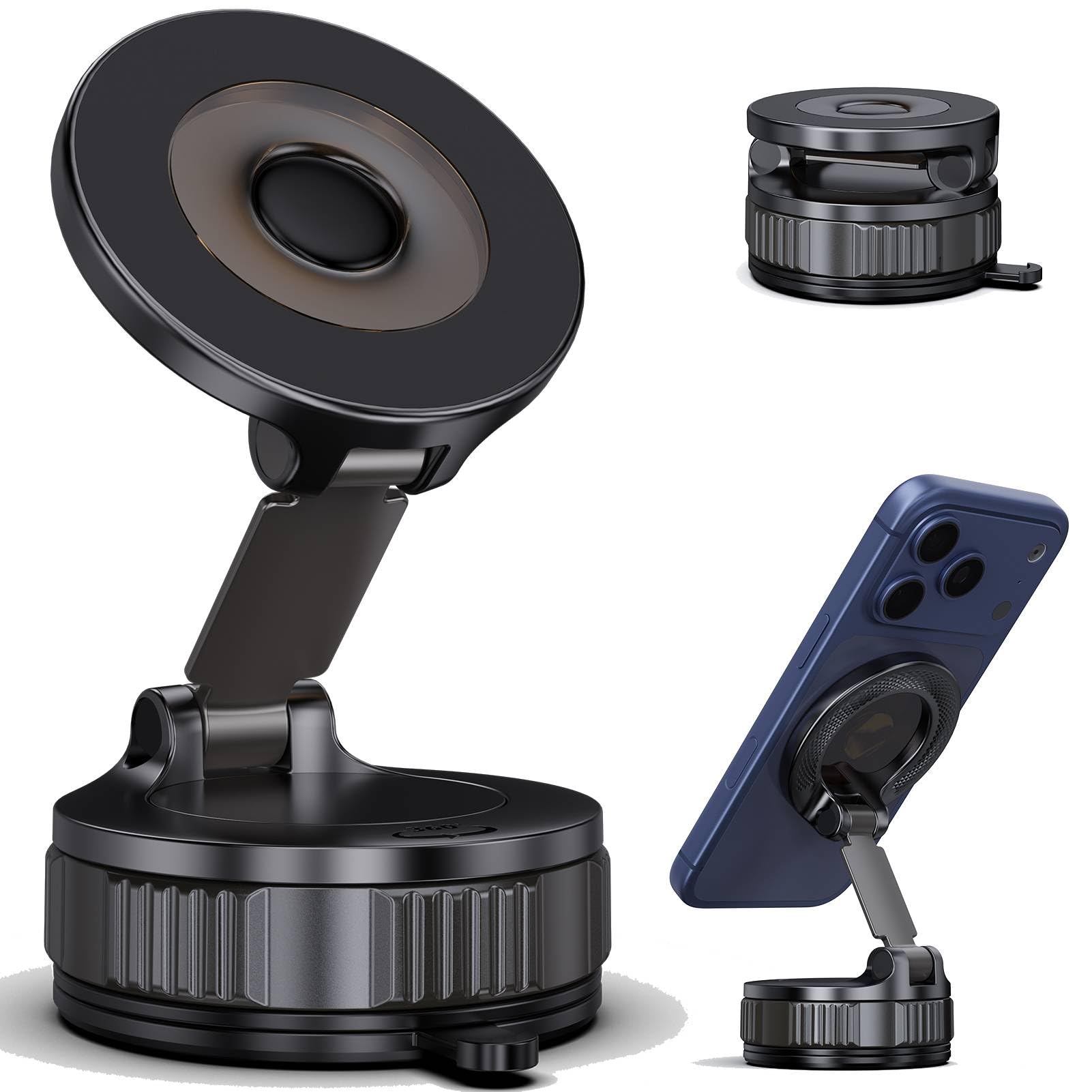 Vacuum Magnetic Suction Phone Holder, Foldable and Retractable Hands-Free Suction Cup Phone Mount for Car/Gym/Mirror/Smooth Surface, Compatible with iPhone Android (Black-360° Rotating Base)