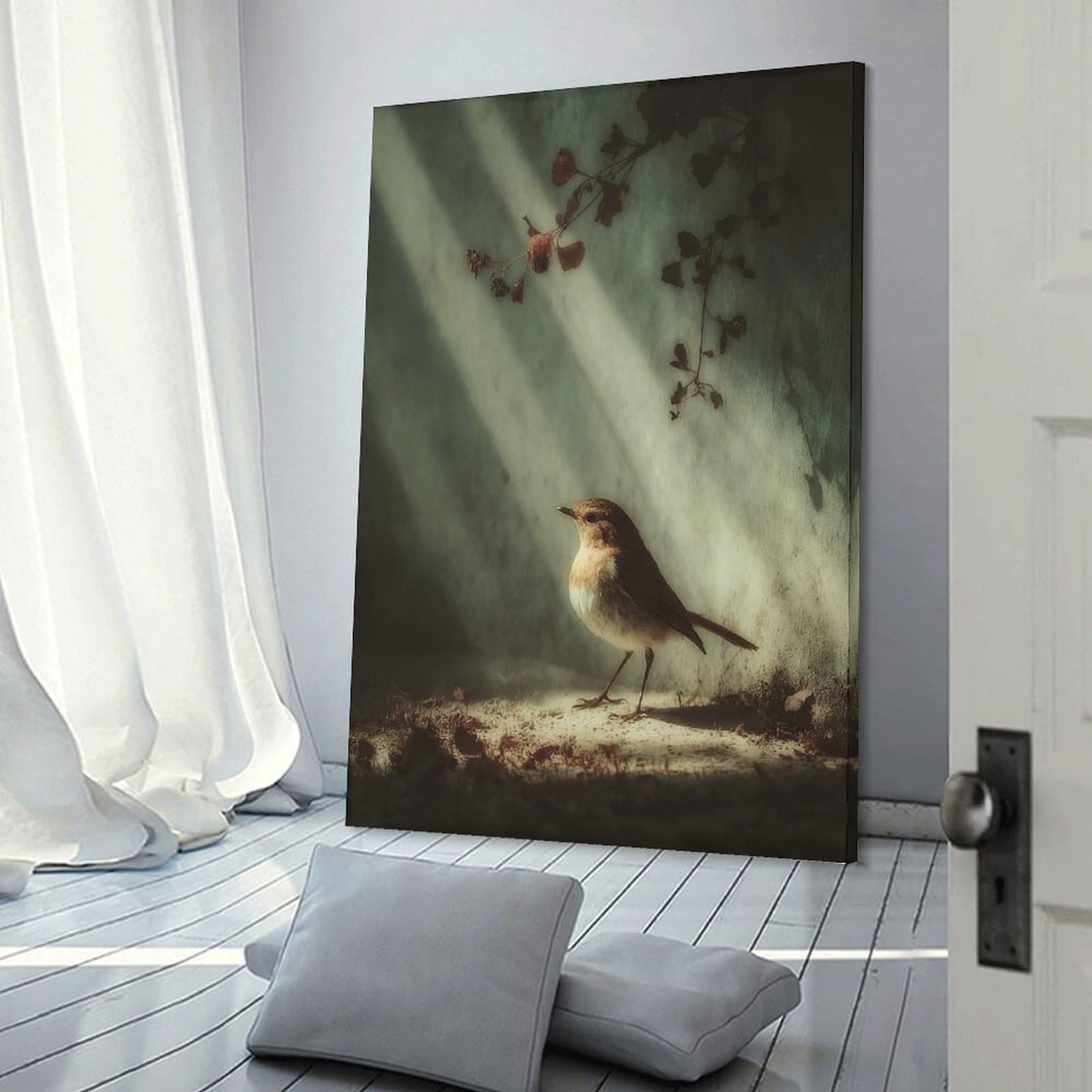 Junmoney Frame-Style-1 Robin In Dappled Sunlight Decorative Wall Artwork 08X12inch(20X30cm), For Corridors, Hallways Or Apartment Entries, Home Artwork For First Impressions