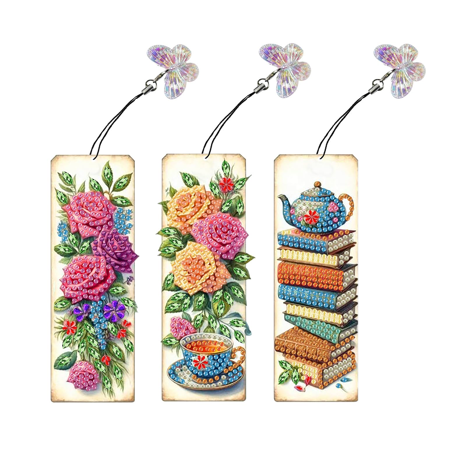 Lebartm 3Pcs DIY Diamond Art Painting Bookmarks with Colorful Butterfly Pendant PET Bookmark Ornament Double Sided Pattern Single Sided Diamond Book Marker Clip Gifts Tags-Rose