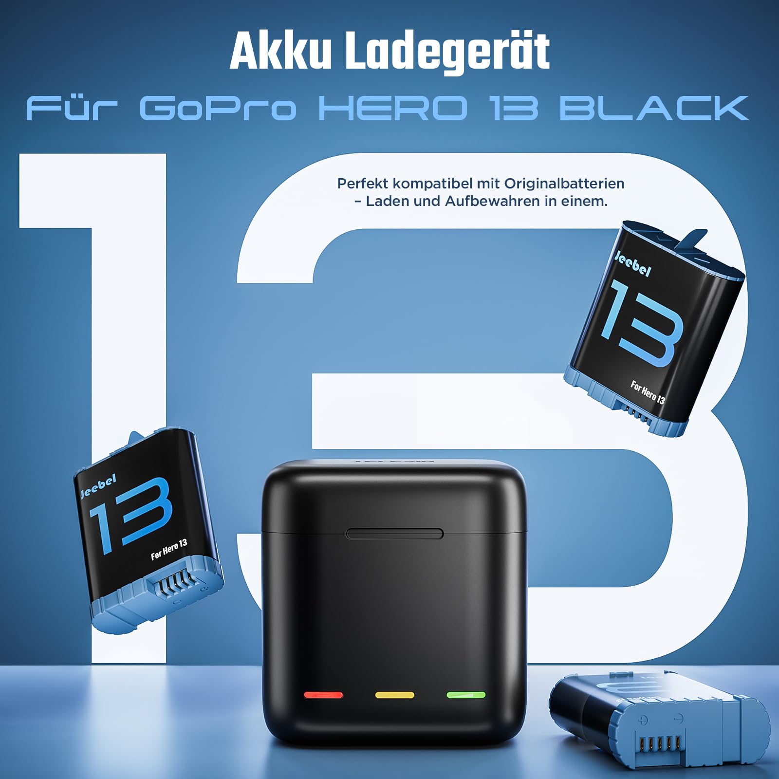 Jeebel Akku Ladegerät für GoPro Hero 13 Black — 3-Kanal Batterie Ladegerät mit Schnellladung, USB-C Kabel — Schnellladegerät Kompatibel mit GoPro Hero 13 Black Original-Akku (Ohne Akku)