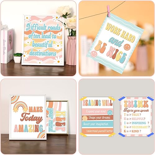 Miniatura 5 de ZOIIWA 12 pósteres retro Groovy para decoración de aula, juego de tablones de anuncios hippie, póster de regreso a la escuela, póster retro de