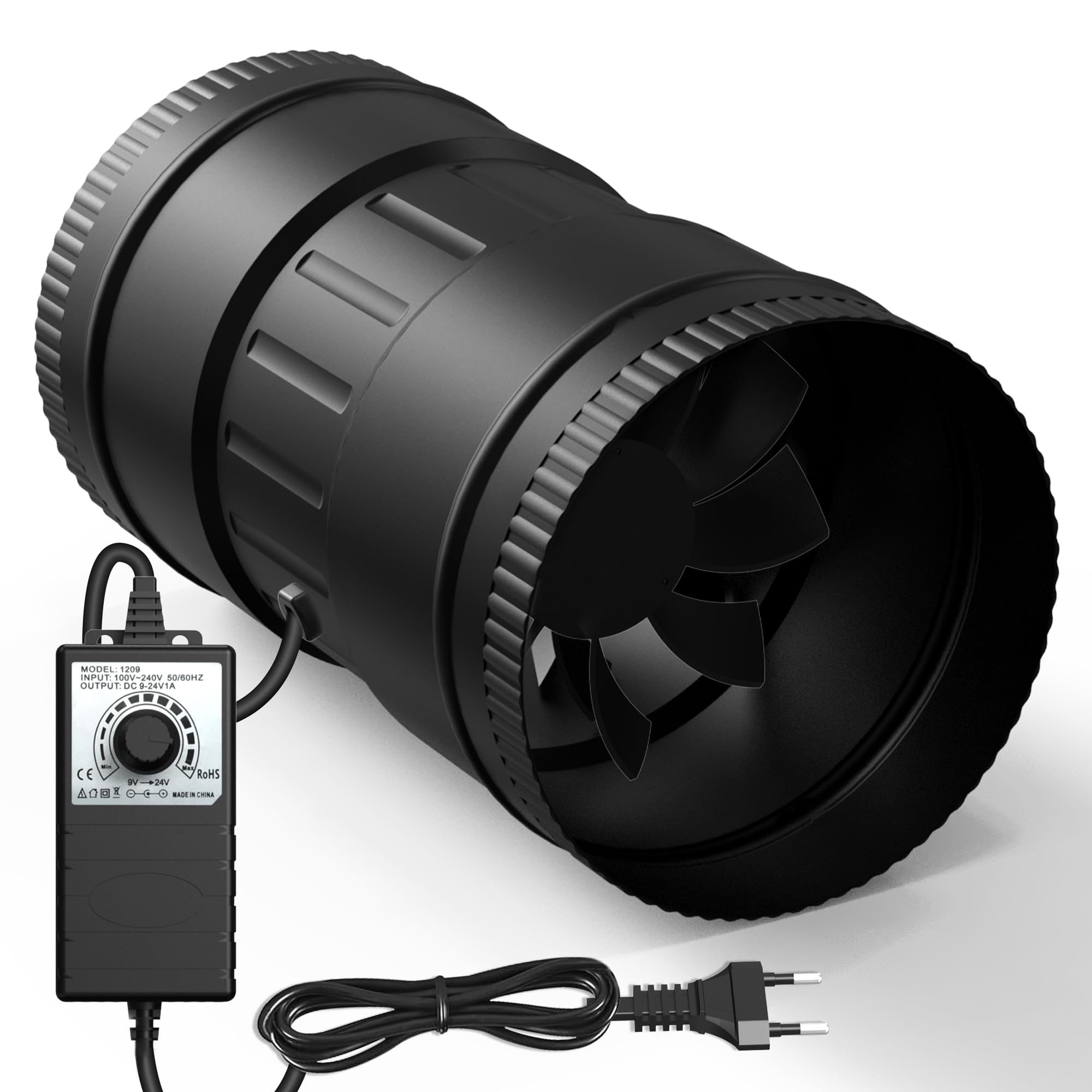 125mm Ventilador de Extracción 586m³/h Extractor de Aire con Regulador, Ventilador de Conducto con Enchufe, para Invernadero, Sótano, Garaje, Cocina.
