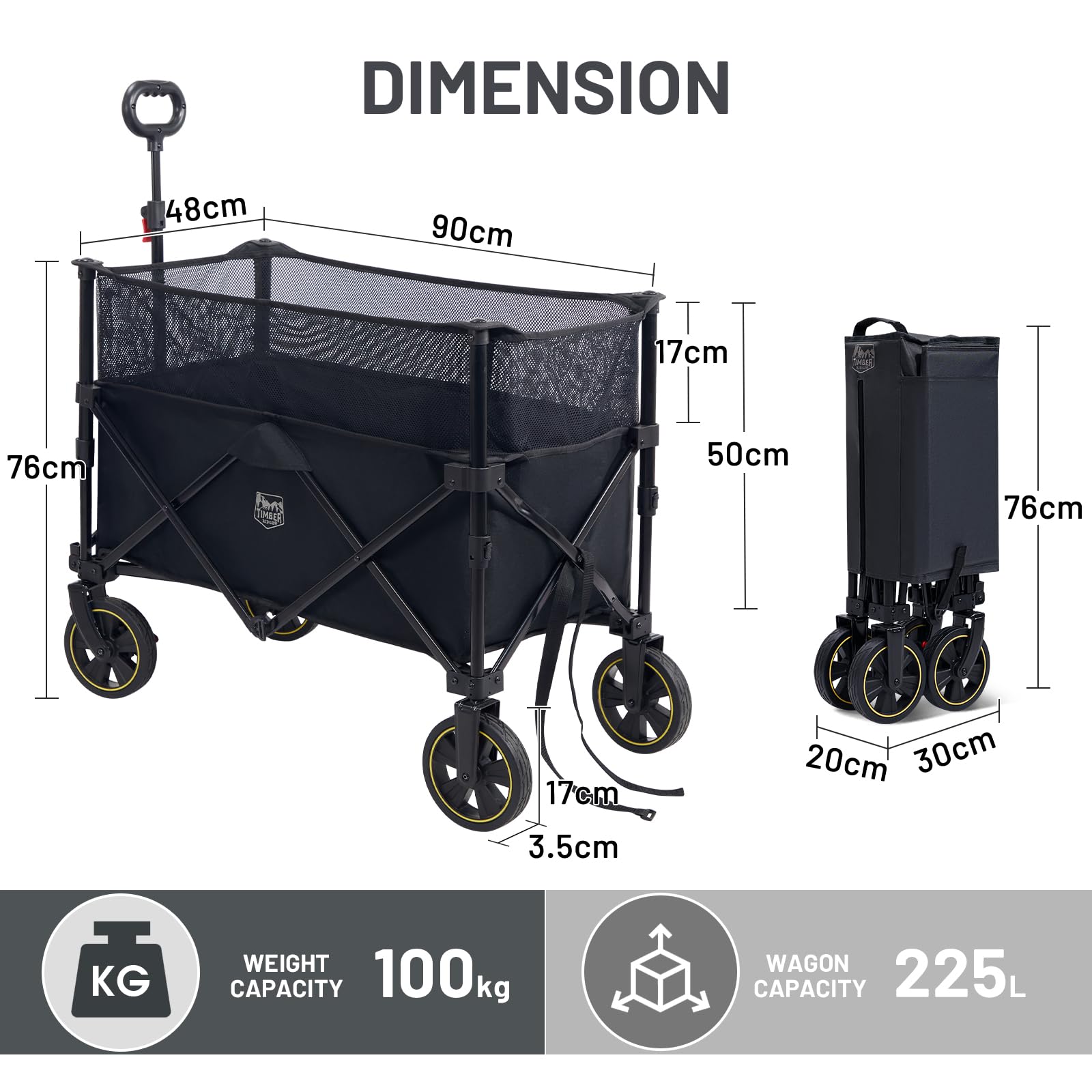 TIMBER RIDGE XL Deeper Wózek festiwalowy z hamulcami, 225 l, większa pojemność, składany wózek kempingowy na piknik w ogrodzie, składany, z regulowanym uchwytem i uchwytem na kubek, czarny