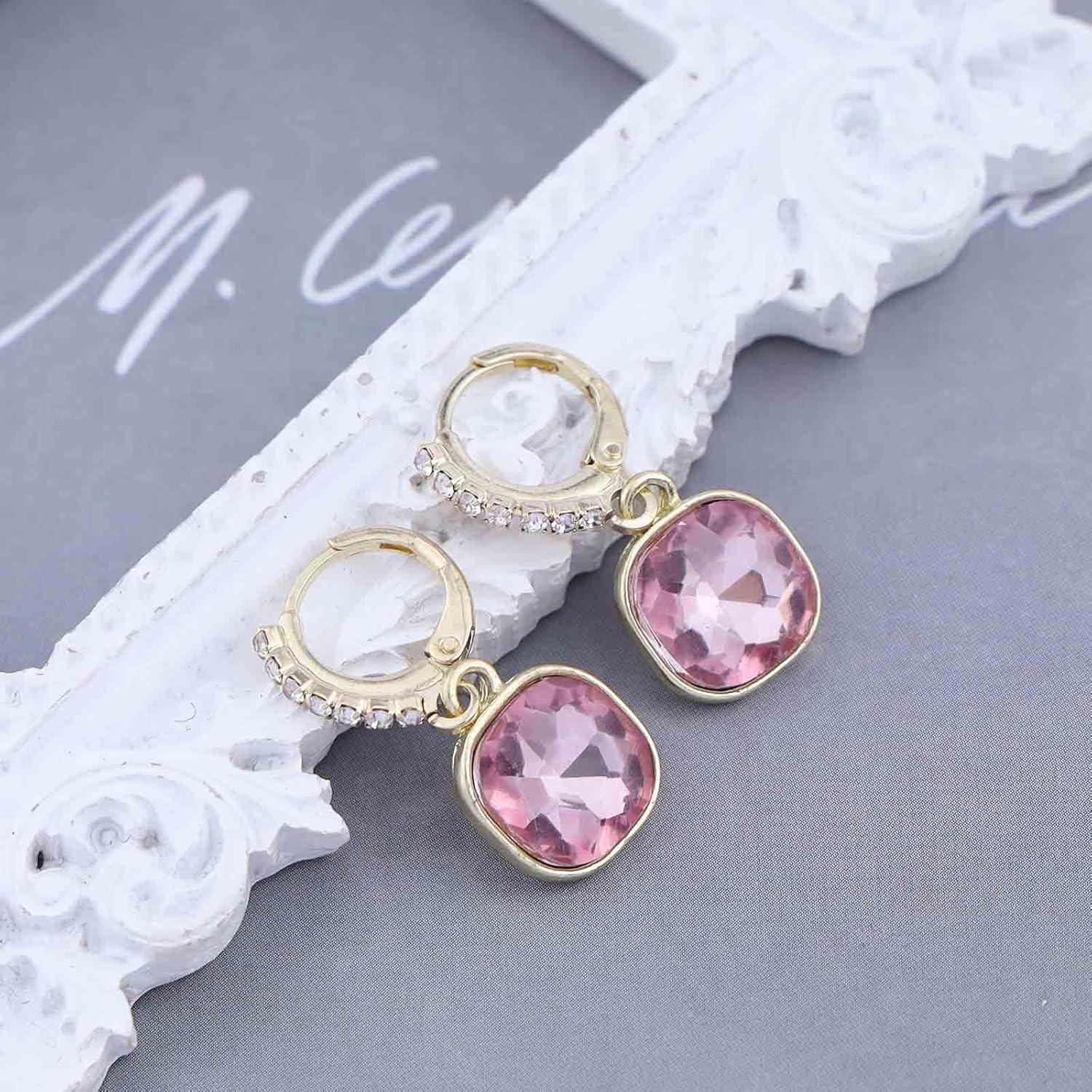 Boho Emerald Square Dangle Earrings Green Emerald Drop Earrings Emerald Crystal Square Earrings Emerald Huggie Hoop Earrings Jewelry for Women - Image 3