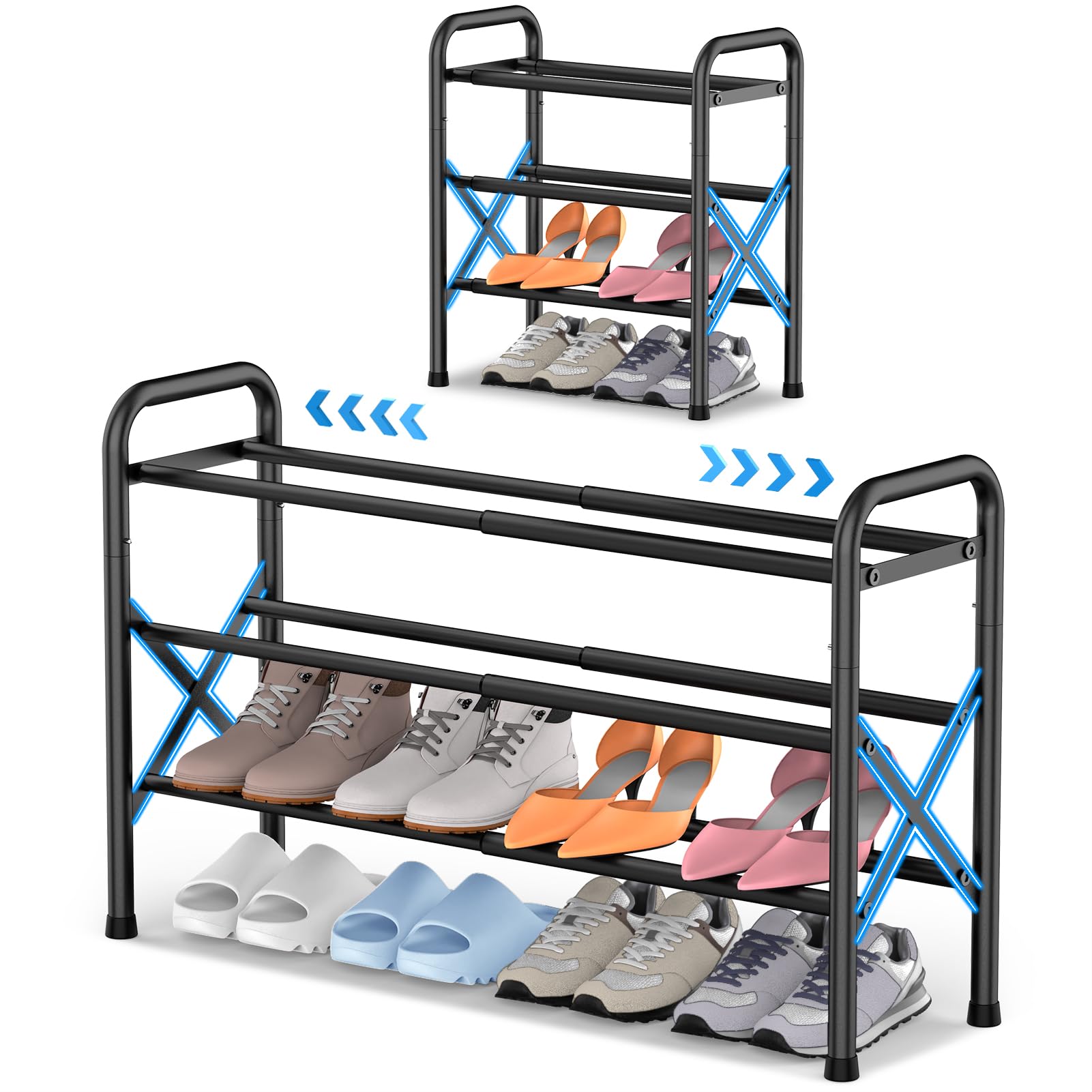 YEASHEIN 3-Tier Expandable Shoe Rack for Closet Floor, X-Frame Metal Small Shoe Rack for Entryway, Adjustable Shoe Shelf Organizer, Free Standing Shoe
