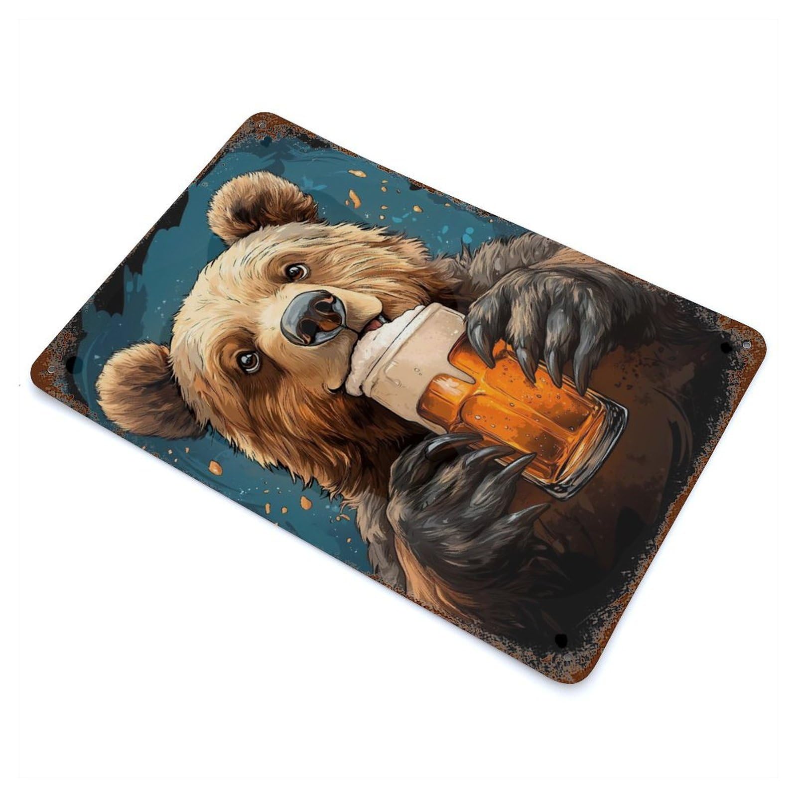 Rust Effect Bear Drinking Beer Rusty Metal Tin Sign 11.8"x7.9", Old School Wall Decor for Cafe, Home Bar And Lounge Decor