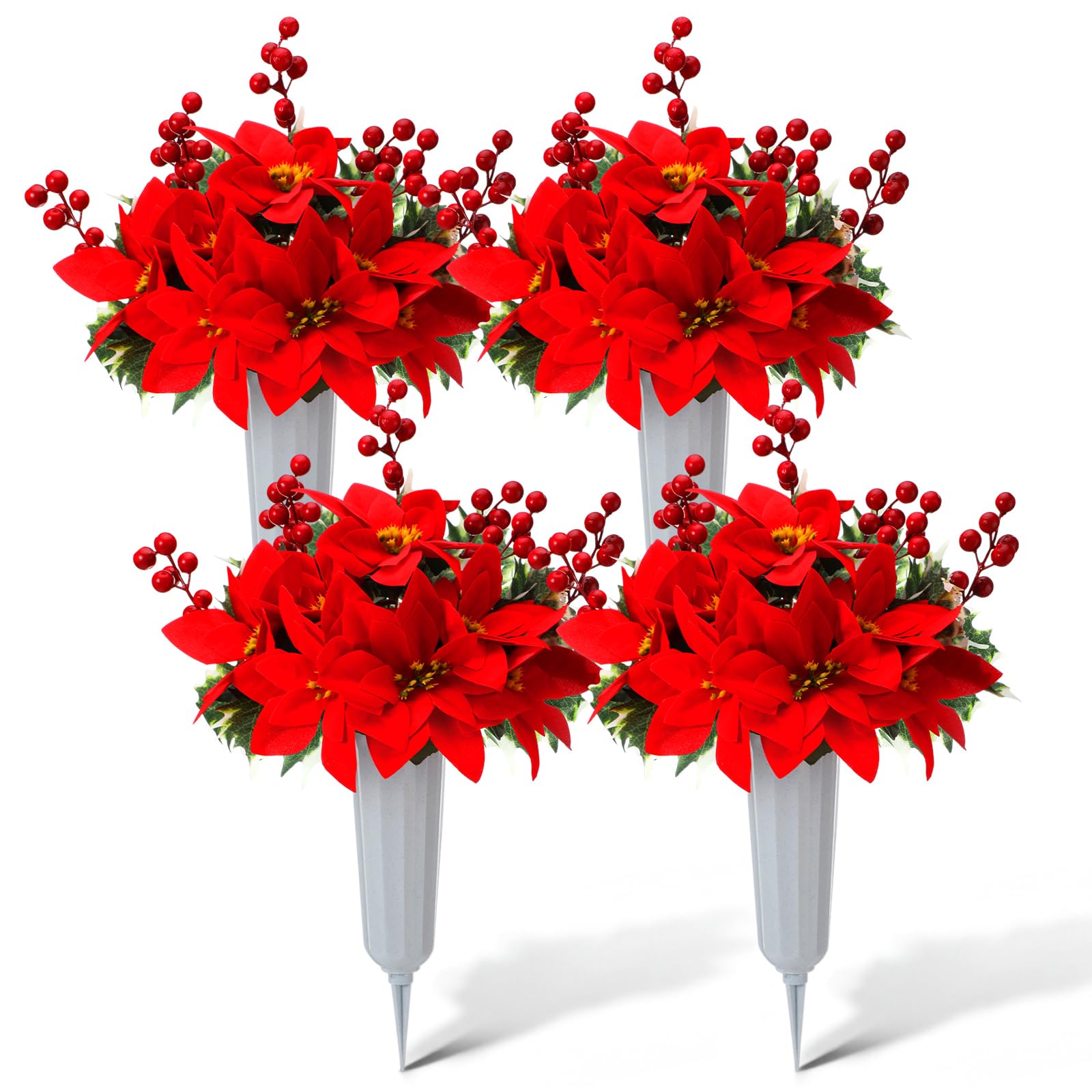 Thiccywoov Lot de 4 poinsettias artificiels de Noël avec vase pour tombe en velours rouge, bouquet de baies de cimetière, fleurs commémoratives pour décoration de cimetière
