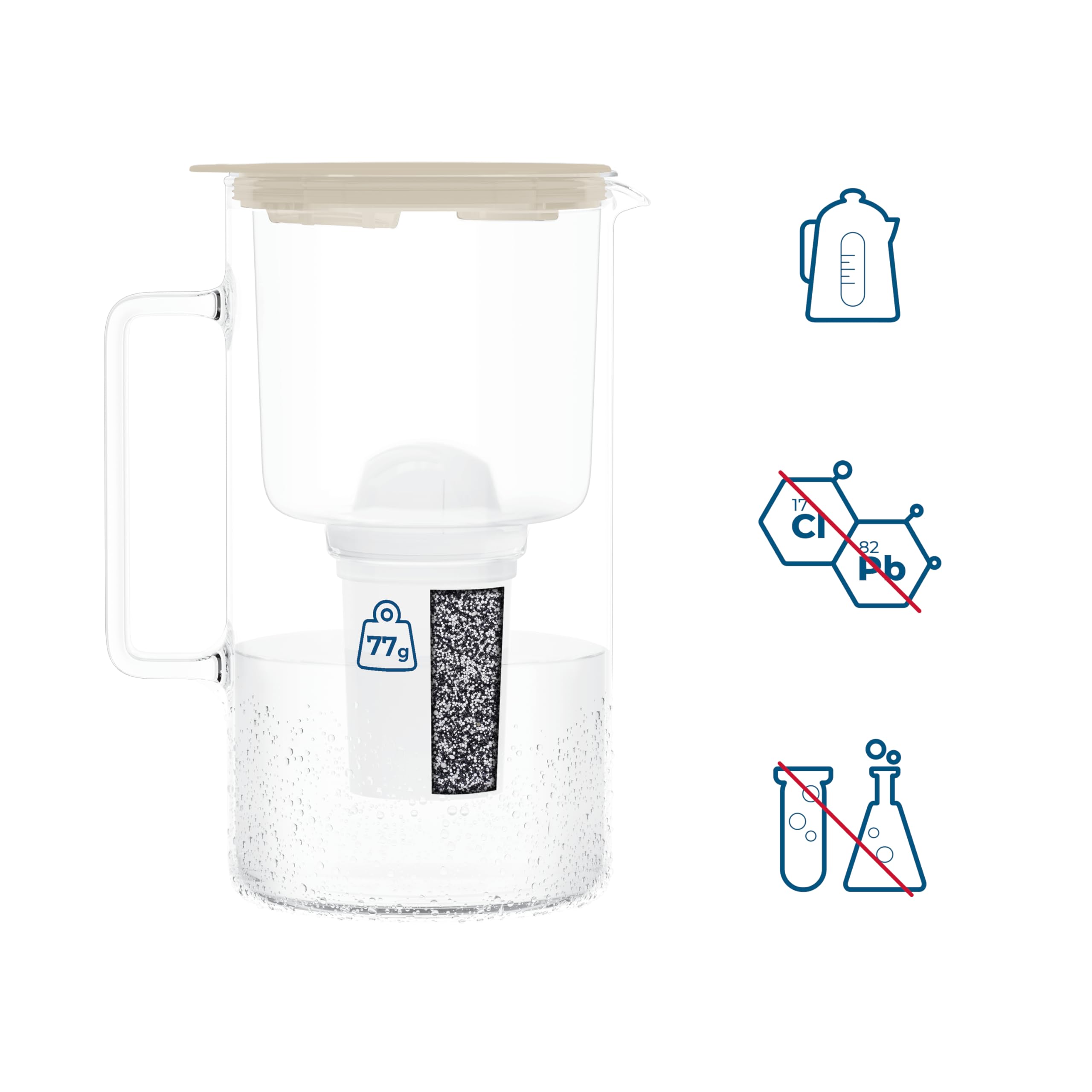 Wessper Carafe Filtrante en Verre avec Cartouches Filtrantes pour Eau Potable 2 l, Pichet en Verre avec Compteur de Filtre Intelligent, Kit comprenant 1x filtre à charbon actif- Beige