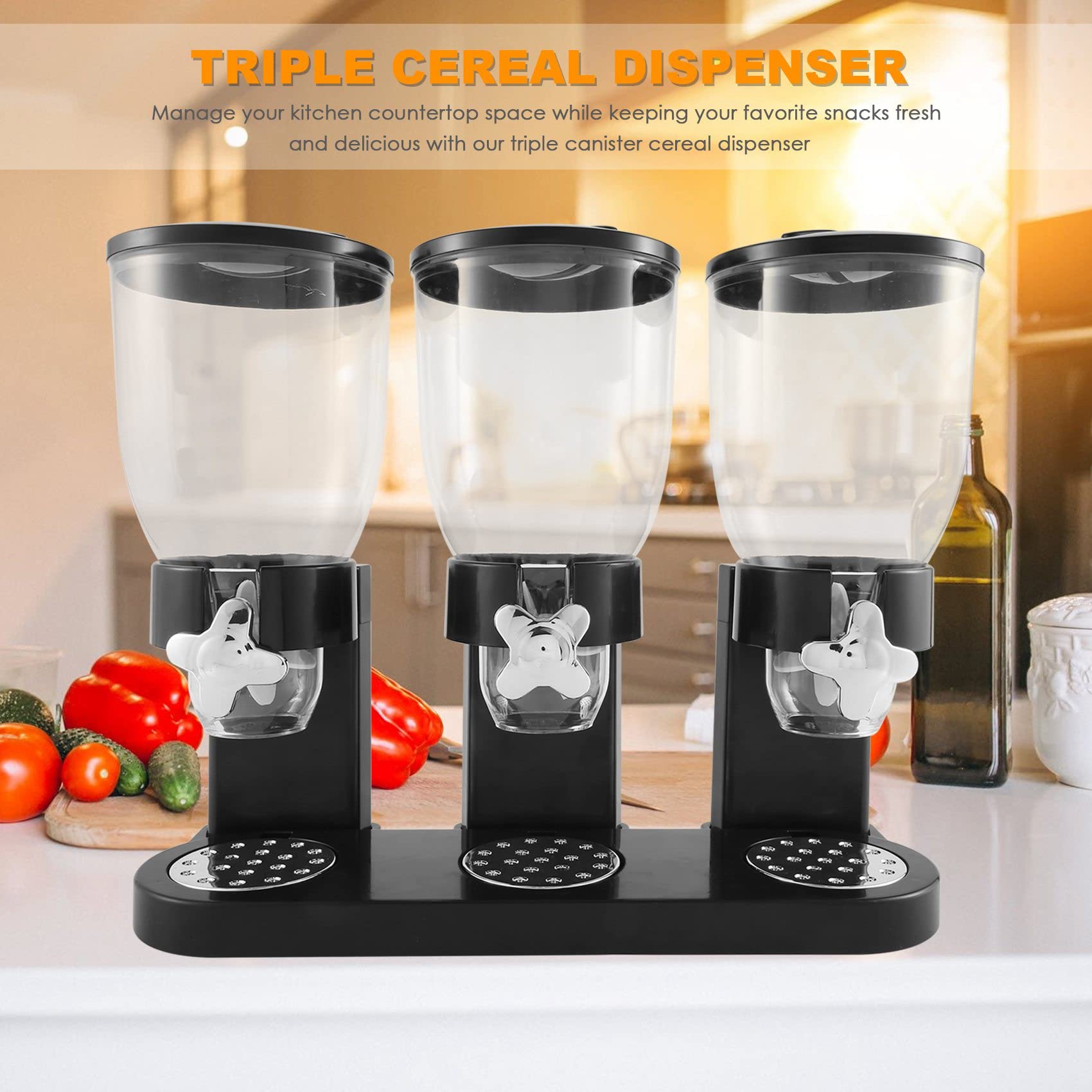 Distributori per Cereali Dispenser Cibo Secco per Alimenti Secchi Triplo Contenitore per Contenitori Contenitore per Farina D'Avena nel Plastica Contenitore per Alimenti Nero