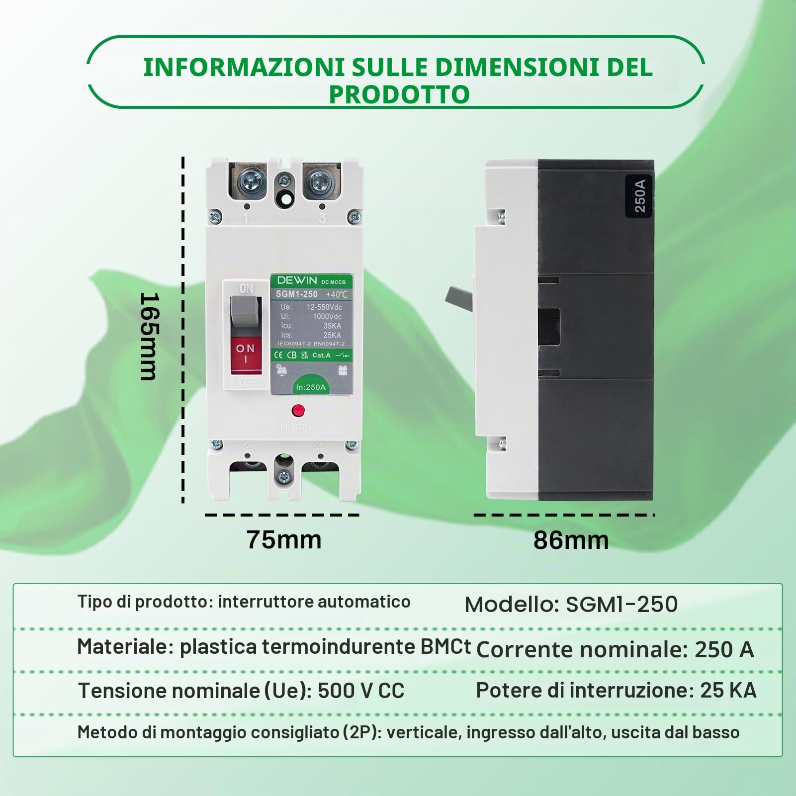 Interruttore Automatico Scatolato CC MCCB, 2P DC500V 250A Interruttore Automatico Fotovoltaico Interruttore Principale del Batteria Solare Sezionatore di Protezione per Sistema Solare Fotovoltaico