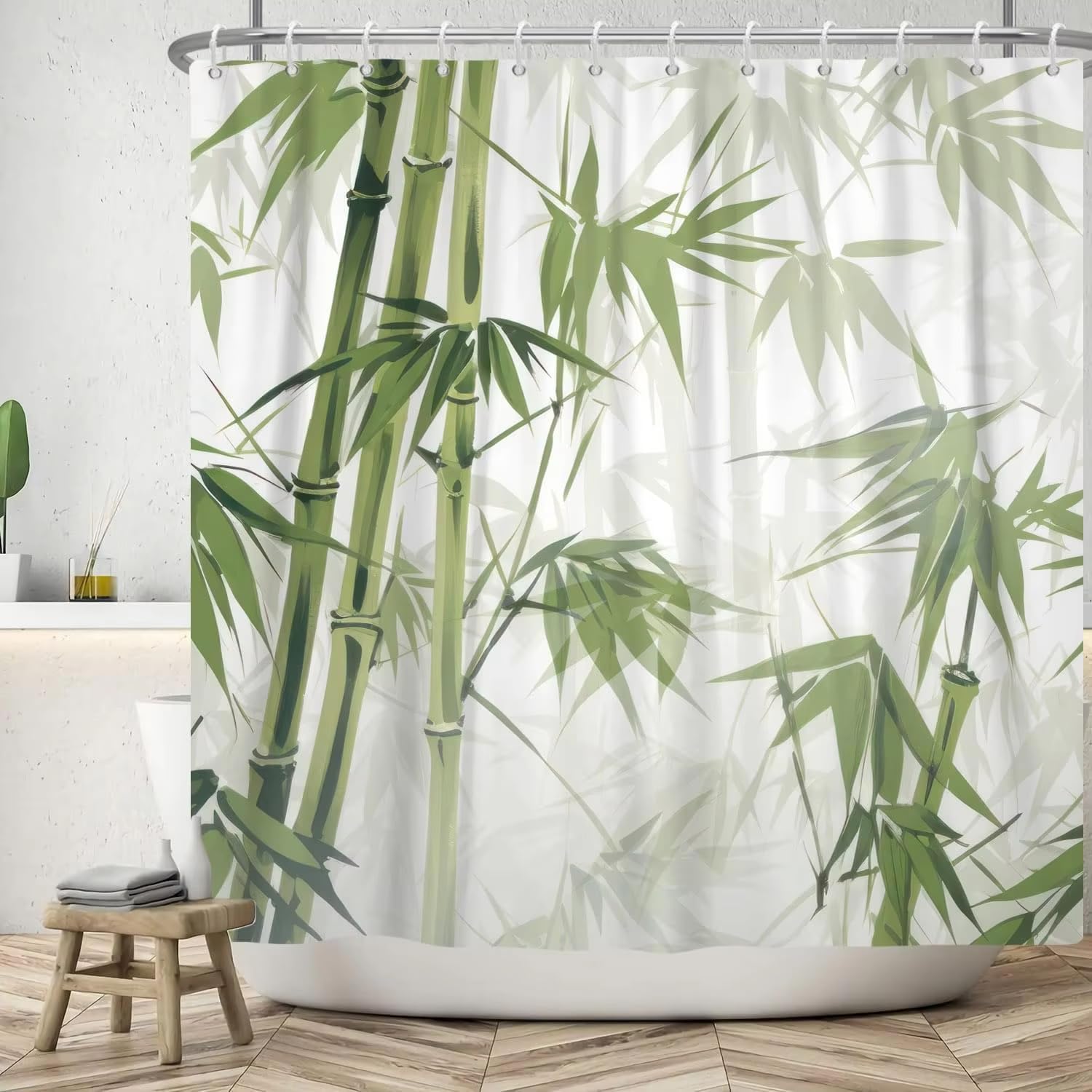 Rideau de douche bambou vert 165x200 cm style japonais pour salle de bain