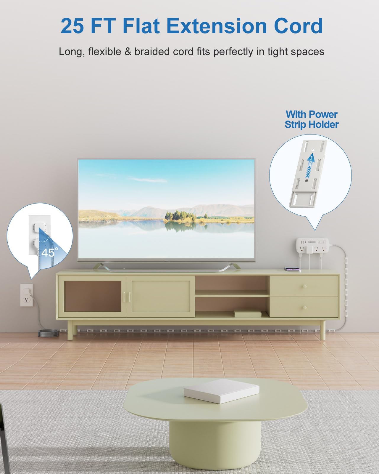 Extension Cord 25 FT Multiple Outlets - Surge Protector Power Strip 8 AC Outlets 3 USB (3.4A 17W) 1080 Joules Flat Long Braided Cord Wall Mountable for Home College Dorm 13A 1625W