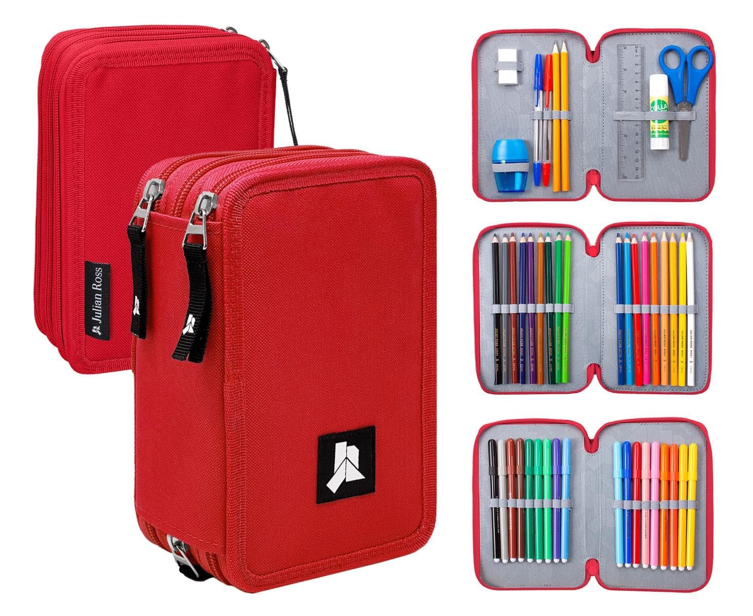 Julian Ross Rojo Estuche Triple Lleno para Niñas y Niños, Plumier Triple, 45 Accesorios Educación Primaria, 20 Centímetros, Pegamento de Barra, Mina+, 3 Cremalleras, Compartimentos Organizados