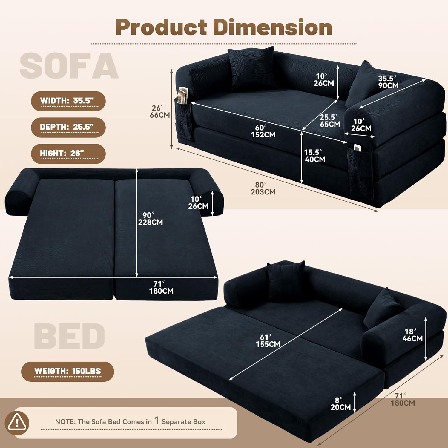 80 Inch Convertible Sofa Bed,Folding Pull Out Couch with Pillows & Storage Pocket,Corduroy Queen Sleeper Sofa in a Box,No Assembly Boneless Couch for Living Room,Deep Blue