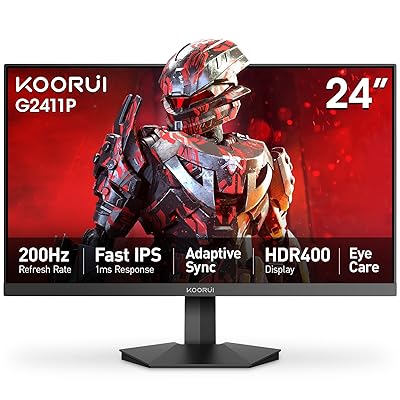 KOORUI Gaming Monitor, 24" Fast IPS Computer Monitor, 200Hz FHD HDR400 Display, 1ms PC Screen, 90% DCI-P3 Color Gamut, Adaptive Sync, Ultra Slim Frame, VESA Mountable, HDMI 2.0, DP 1.4, G2411P