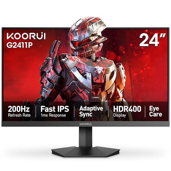 KOORUI Gaming Monitor, 24" Fast IPS Computer Monitor, 200Hz FHD HDR400 Display, 1ms PC Screen, 90% DCI-P3 Color Gamut, Adaptive Sync, Ultra Slim Frame, VESA Mountable, HDMI 2.0, DP 1.4, G2411P