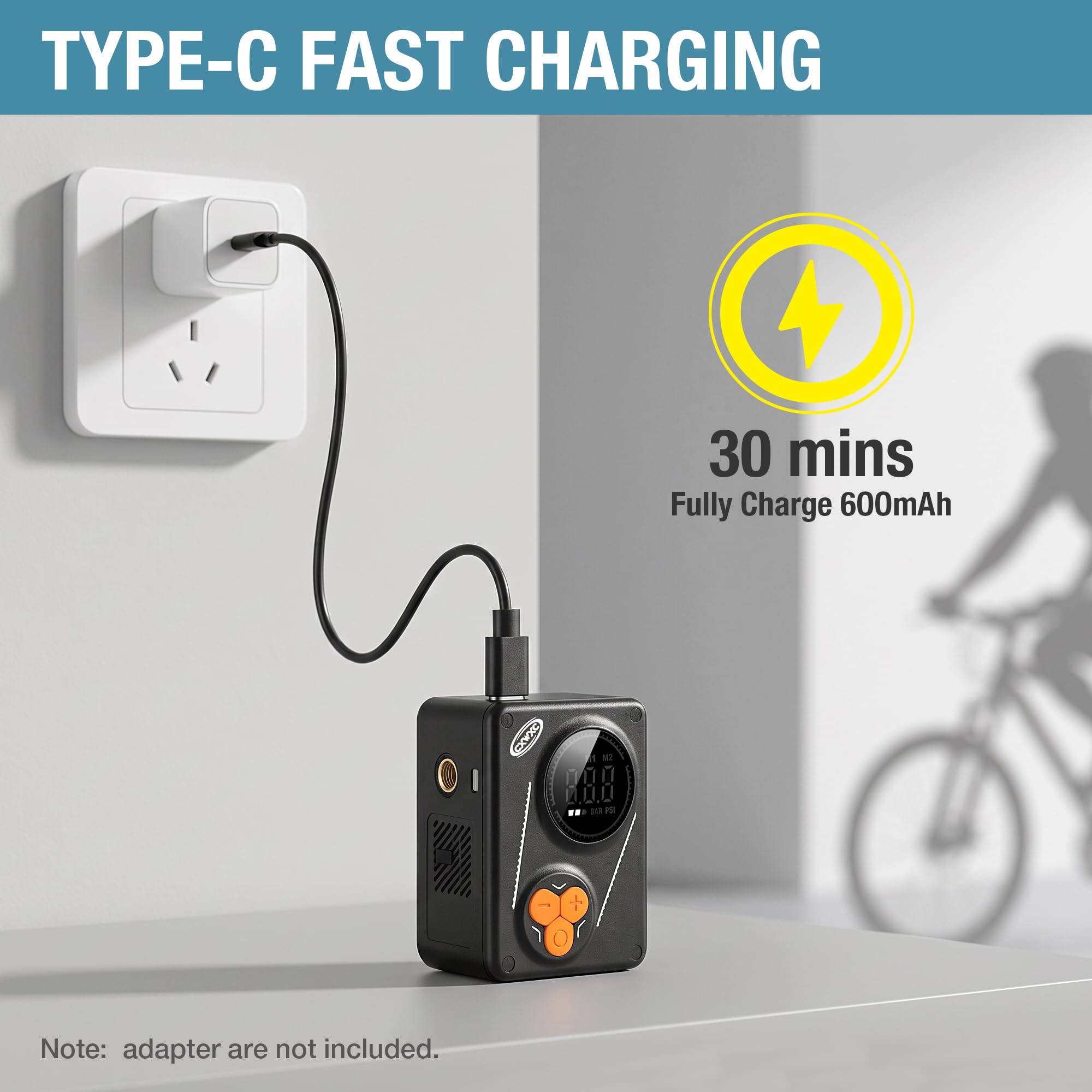 CXWXC Pompe à vélo électrique - Gonfleur de pneu 120 PSI avec manomètre numérique, arrêt automatique pour valves Presta et Schrader, convient pour vélos de route, VTT et vélos électriques