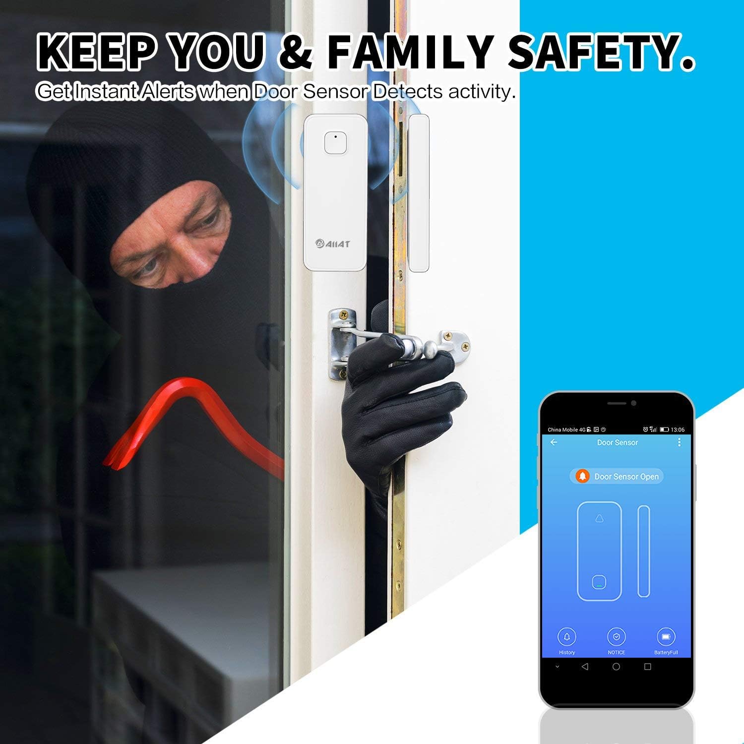 Image depicting a person attempting to break in through a door, with the AIIAT sensor installed and a smartphone displaying an 'Open' alert, emphasizing security.