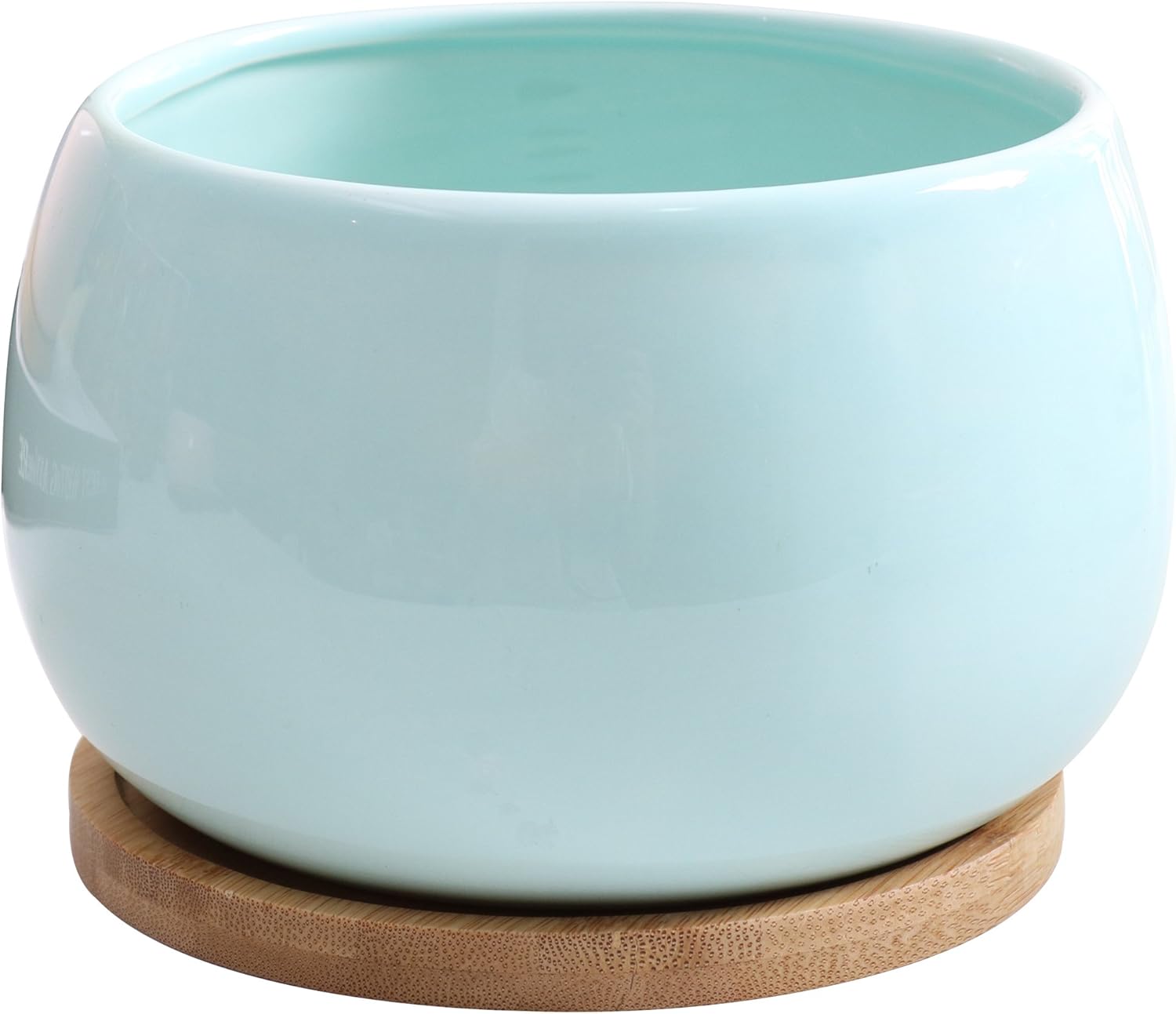 Jusalpha 5'' Ceramic Large Succulent Cactus Plant Pot with Drainage Hole & Bamboo Saucer for Indoor Plant, Planter 07 (Blue)
