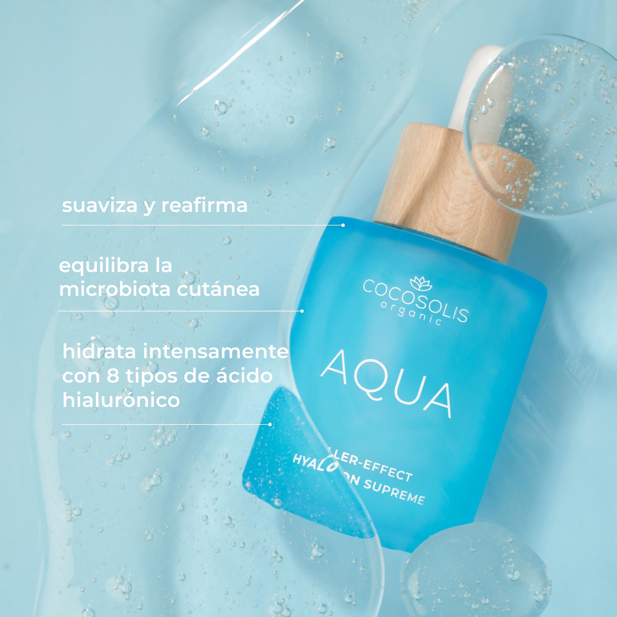 COCOSOLIS AQUA Filler-Effect Hyaluron Supreme - Sérum facial con 8 tipos de ácido hialurónico y Aquaxyl™, cuidado de día vegano antiedad con ultra hidratación