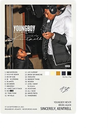 TOBIANG Póster de Youngboy con diseño de Sincerely Kentrell, con portada de álbum de música, firmado, limitado, póster de lienzo para decoración de