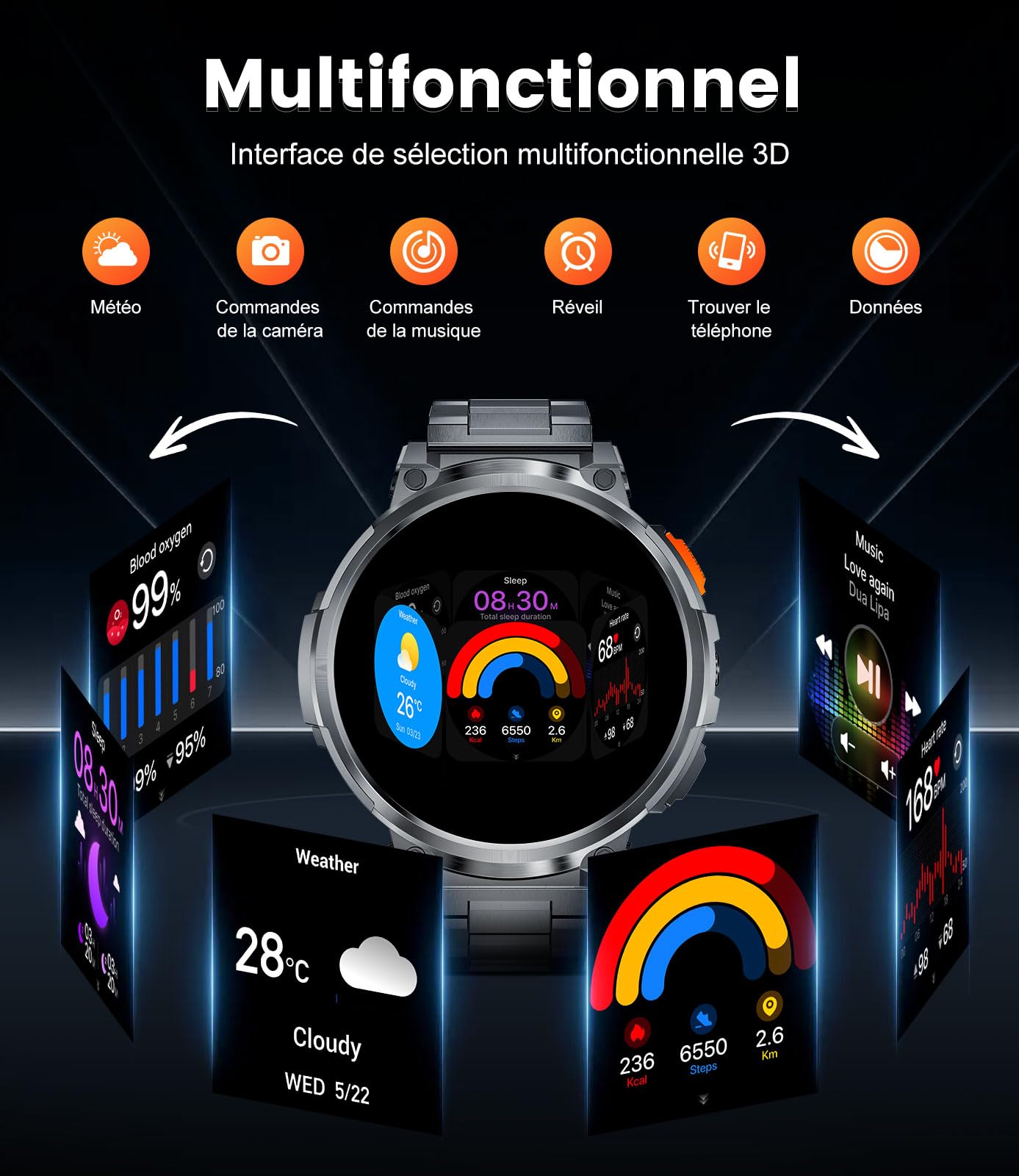 Montre Connectée Homme avec 1,85'' HD Grand Écran/LED Lampe/730mAh Batterie,Smartwatch Homme avec 120+ Modes Sportifs,24/7 Moniteur de Fréquence Cardiaque et Sommeil,IP68 Étanche pour Android iOS