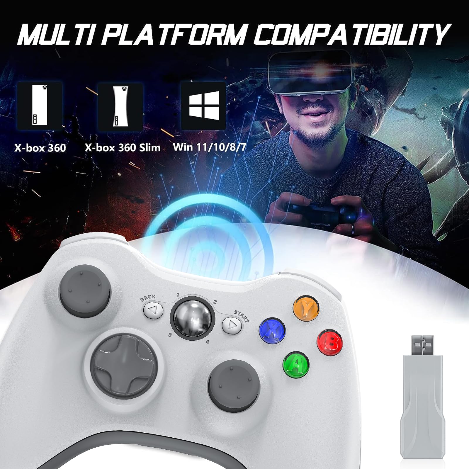 Bonacell Kontroler bezprzewodowy do konsoli Xbox 360 Kontroler PC z adapterem odbiornika USB 2,4 GHz Ulepszony joystick gamepada z podwójną wibracją do konsoli Xbox 360/Microsoft PC Windows 7/8/10