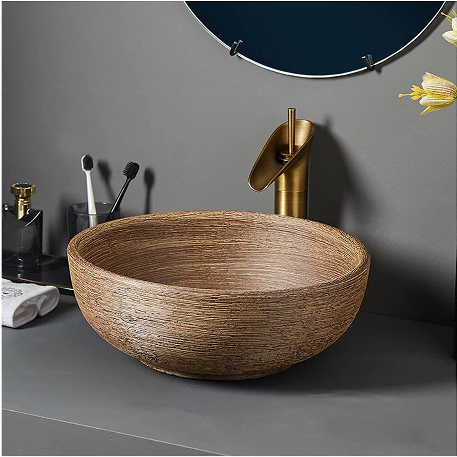Umywalka ceramiczna nablatowa, umywalki nablatowe, okrągła miska umywalkowa z odpływem, umywalka Art Basin do szafki łazienkowej