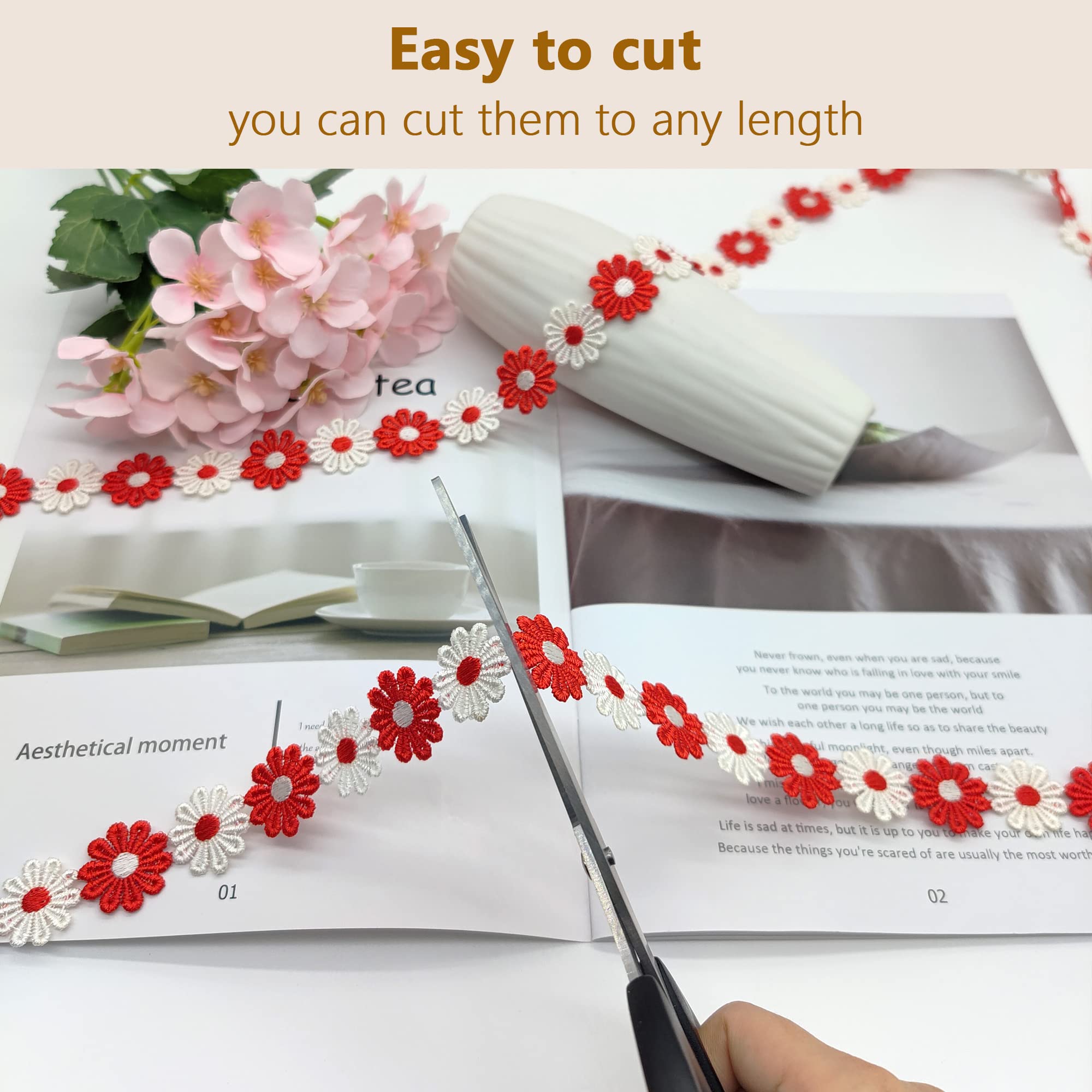 XCSJ 5 x 2.5cm Applique Sewing Edges Flower Embroidery Lace Ribbon Lace Fabric Daisy Polyester Flower Ribbon Appliques for Hair Band Clothes (Red - Image 3