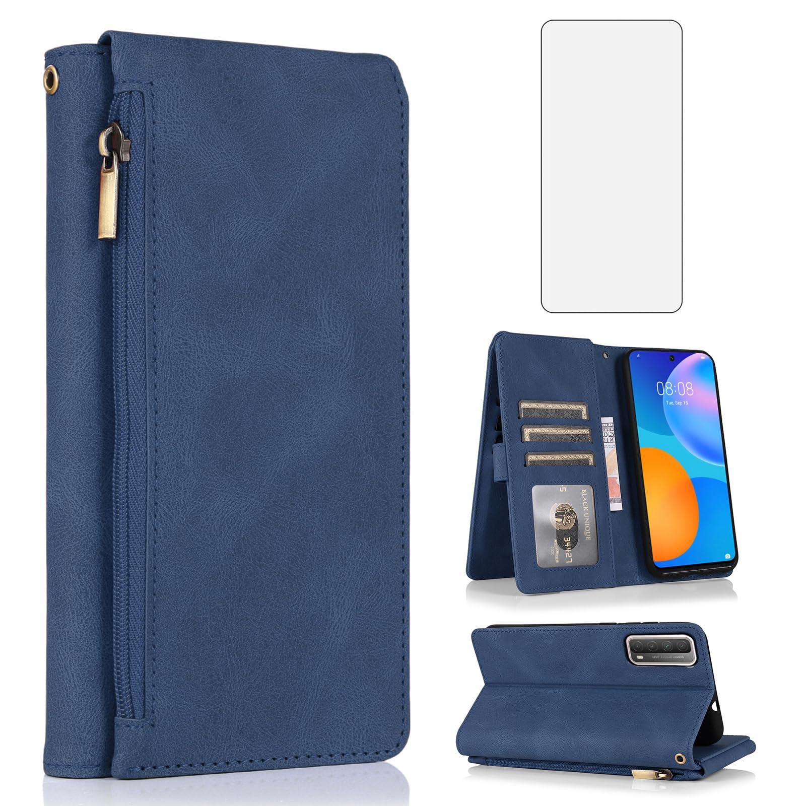 Asuwish Handyhülle für Huawei P Smart 2021 Hülle mit Band Folie Schutzfolie Kartenfach Klappbar Leder Geldbörse Ständer Hawaii Y7A PSmart PPA-LX2 Handy Hüllen Schutzhülle Handyhüllen Phone Case Blau