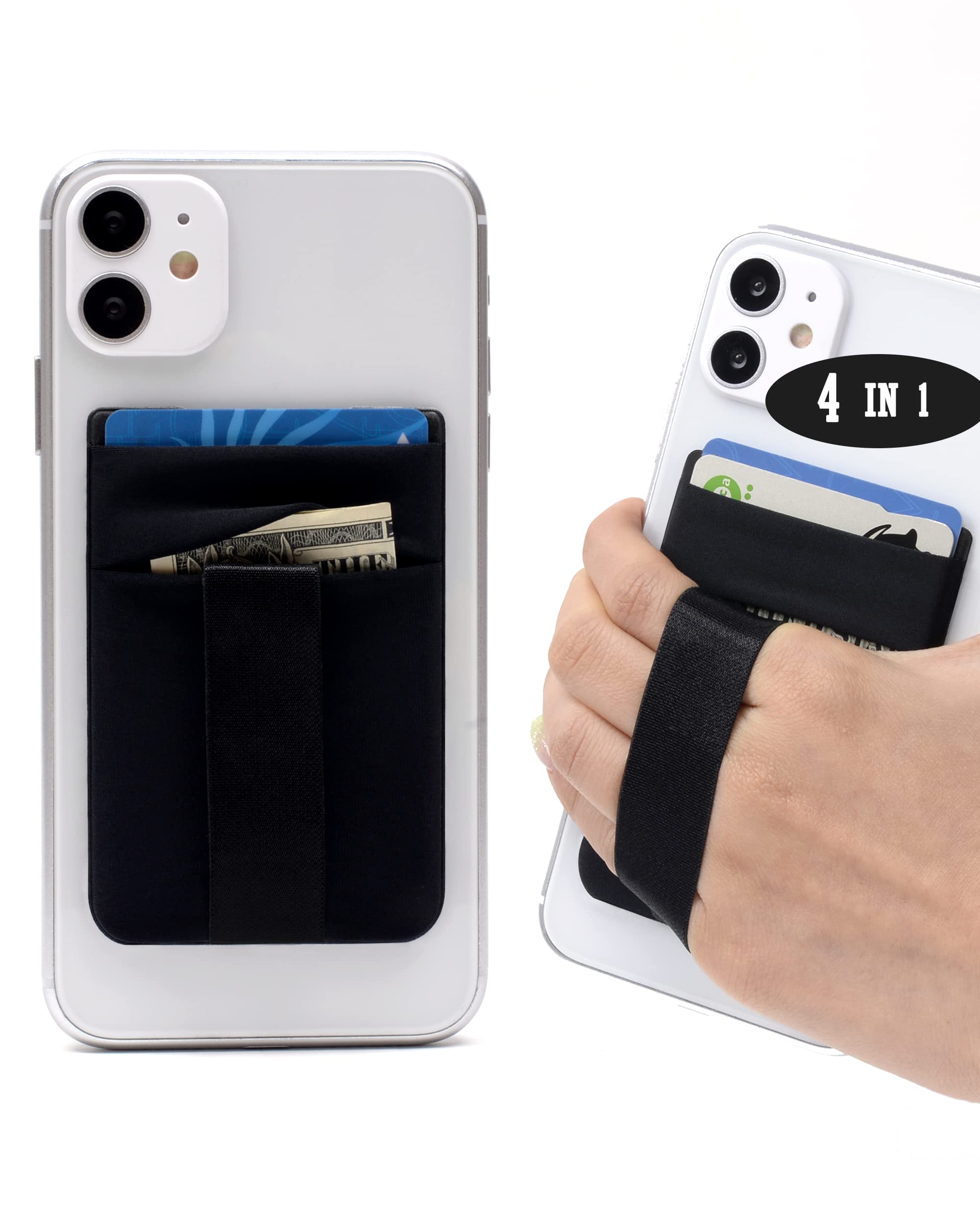 Polifall 4 in 1 Cell Phone Stick On Wallet Card Holder Sleeve - Double Pocket + Finger Grip Strap Loop + Metal Plate for Magnet Mount + RFID Block for iPhone, Galaxy, Android, Mobile Smartphones