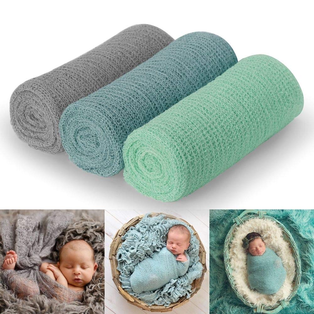 Sunmig Newborn Photography Props, 3 Pcs Baby Stretch Wraps, Professional Baby Photo Props Long Ripple Wrap, for 0-6 Months Baby (Light Grey+Canal Blue+Mint Green)