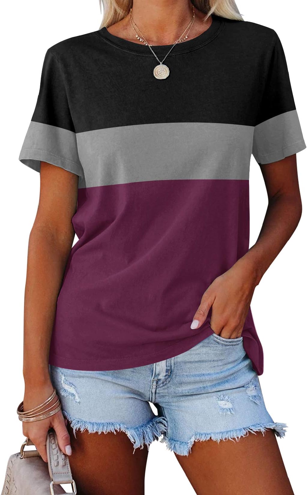 Vivitulip Women's Casual Short Sleeve T Shirts Color Block Crew Neck Tops Comfy Summer Tees