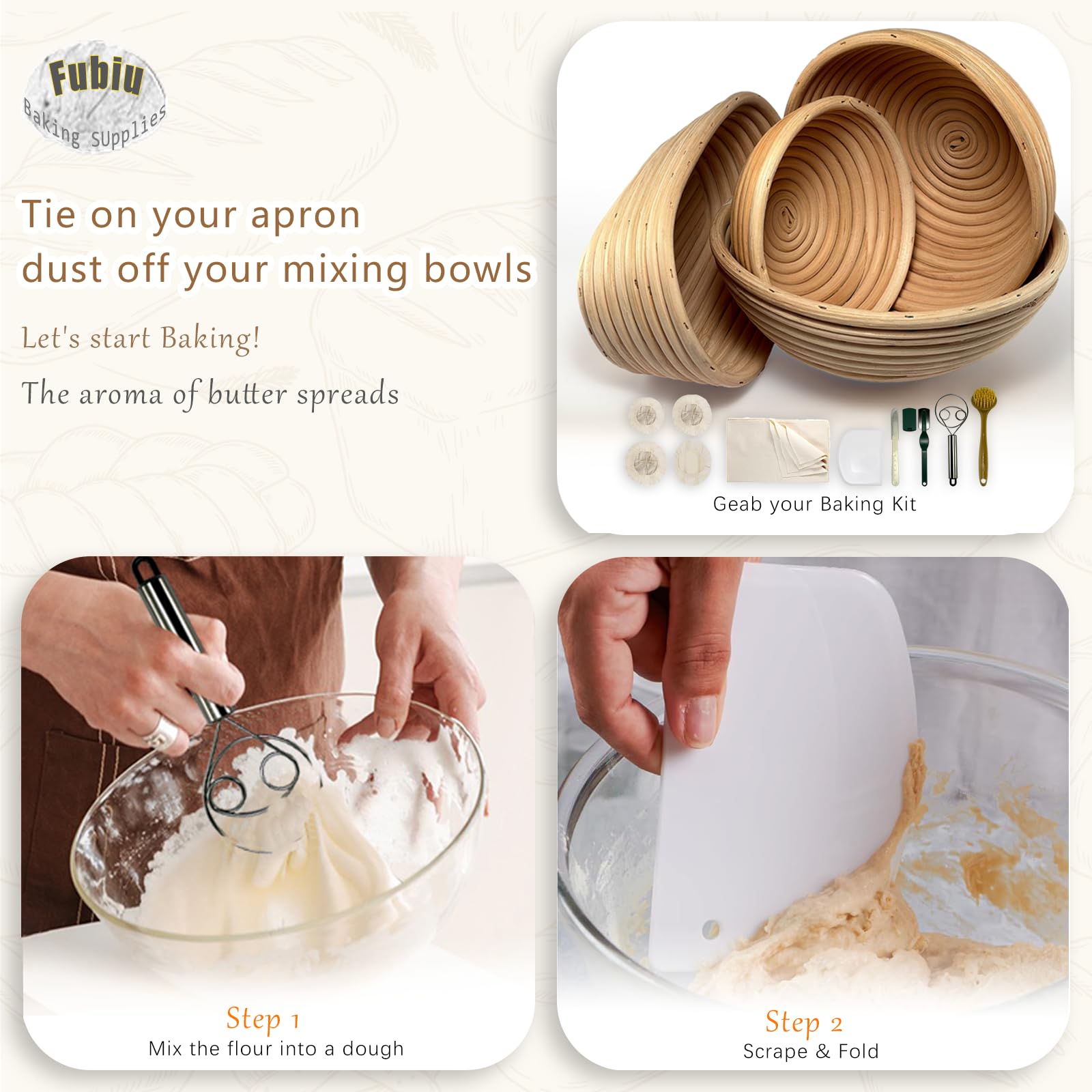 Banneton - Kit de cesta de ratán natural, cesta a prueba de pan de masa madre, cesta de 6, 8, 9, 10 pulgadas con herramientas de suministros para hacer pan, kit de inicio de horneado, juego de