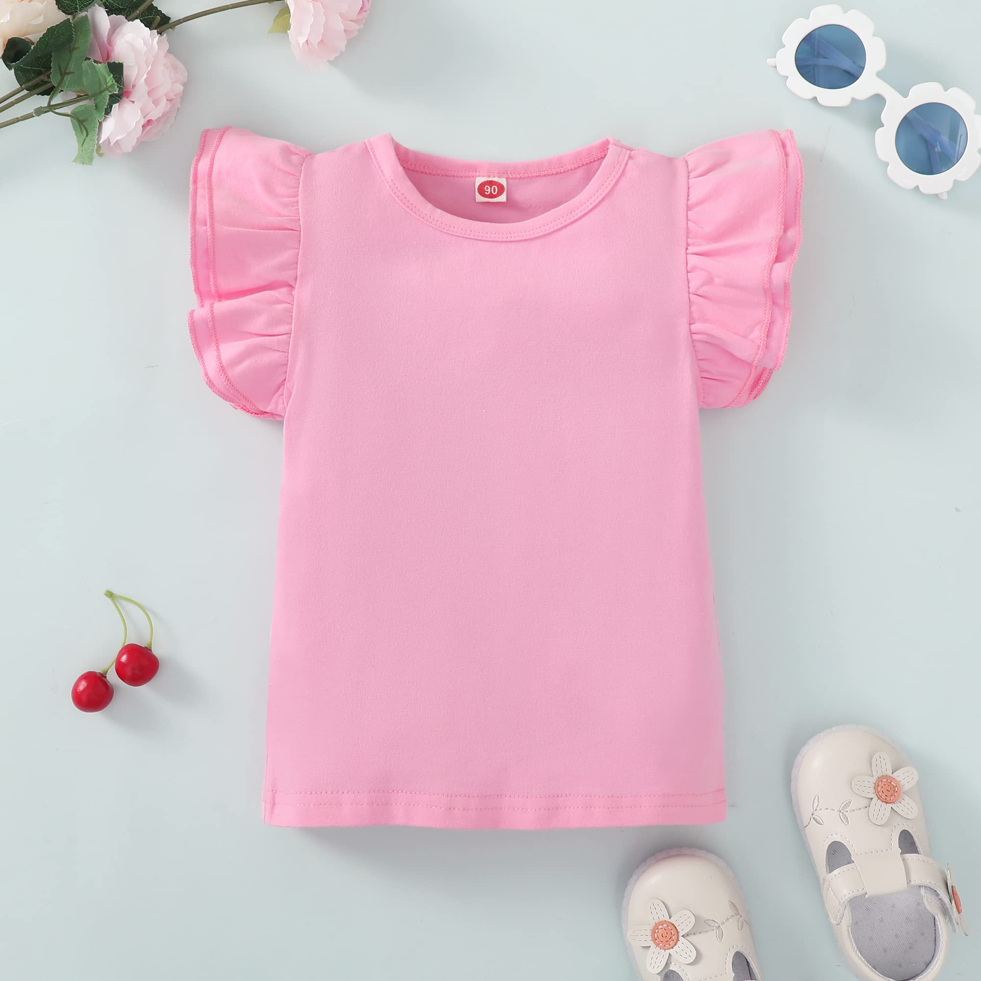 Kids Blouse Plain Ruffle Sleeve Top Toddler Girls Solid Color T-Shirt Baby Girl Cotton Casual Clothes (Pink, 3-4 Years)