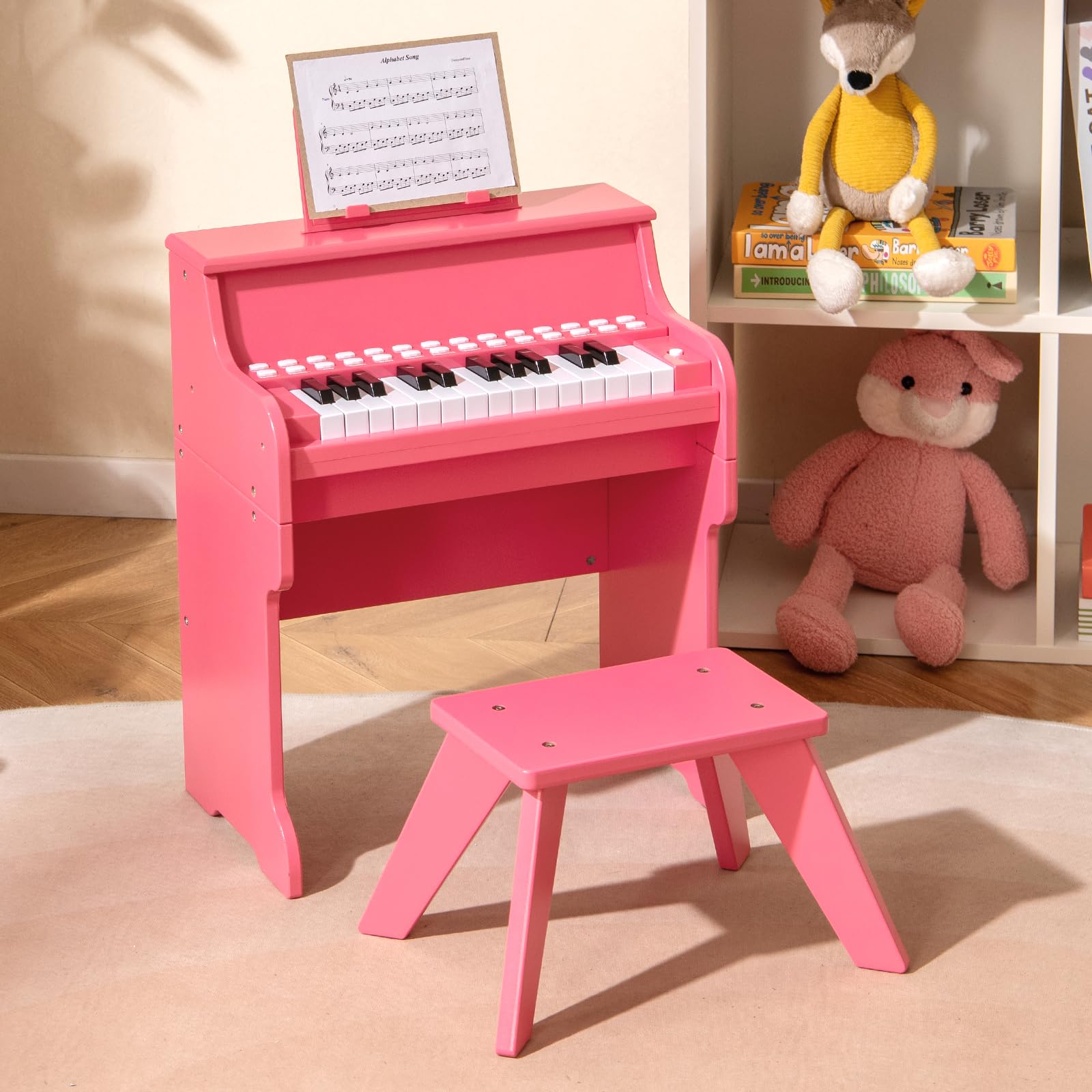 COSTWAY 25-Tasten Keyboard Kinder, elektronisches Kinderklavier mit Hocker, verstellbarem Mikrofon & Notenständer & Lehrmodus , Kinderpiano Klaviertastatur für Kinder ab 3 Jahren (Rosa)
