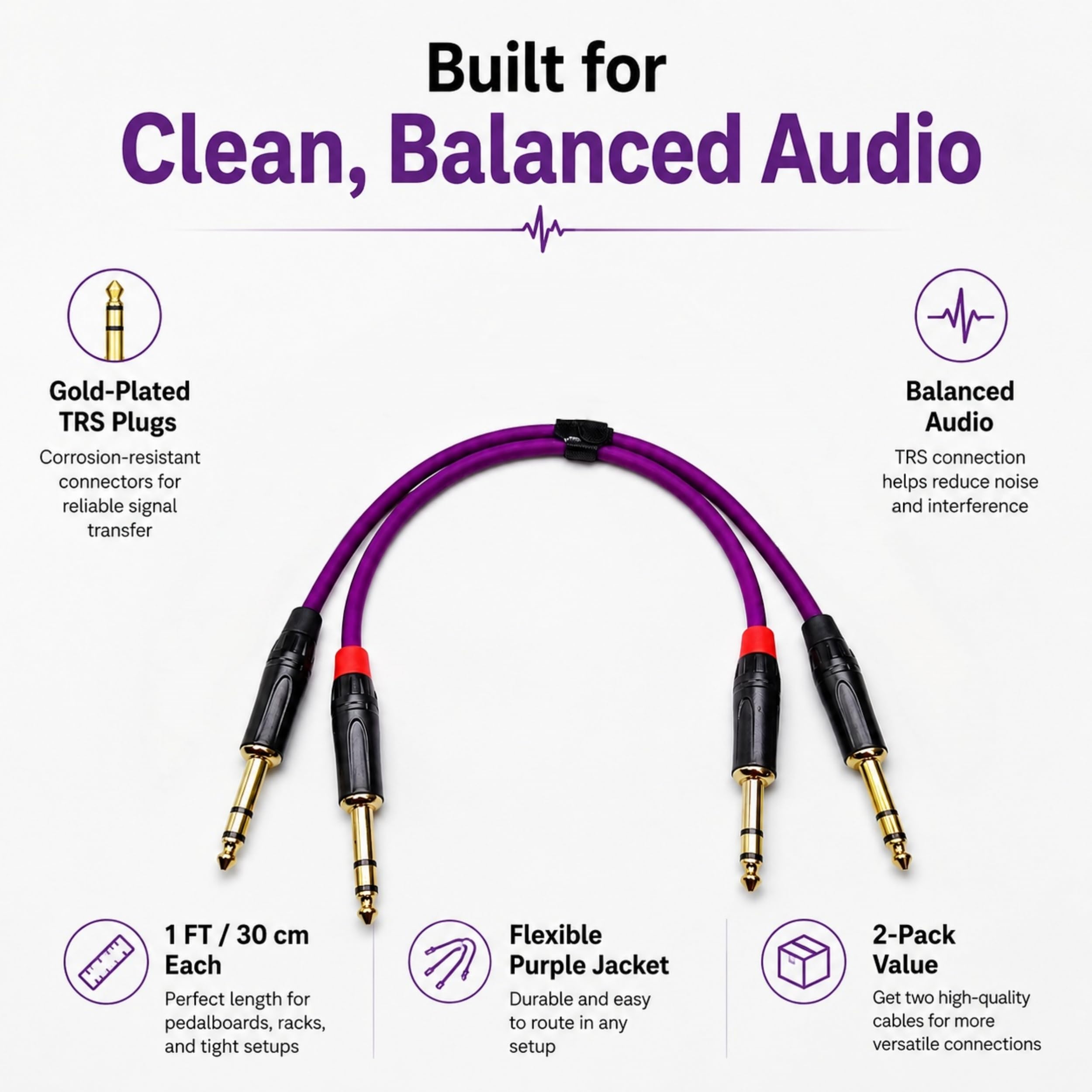 Audiokabel – 0,3 m langes Amperekabel für Bass, Tastatur, Studiomonitore, Mischpult, 1/4 Zoll TRS-Instrumentenkabel – 2 Stück