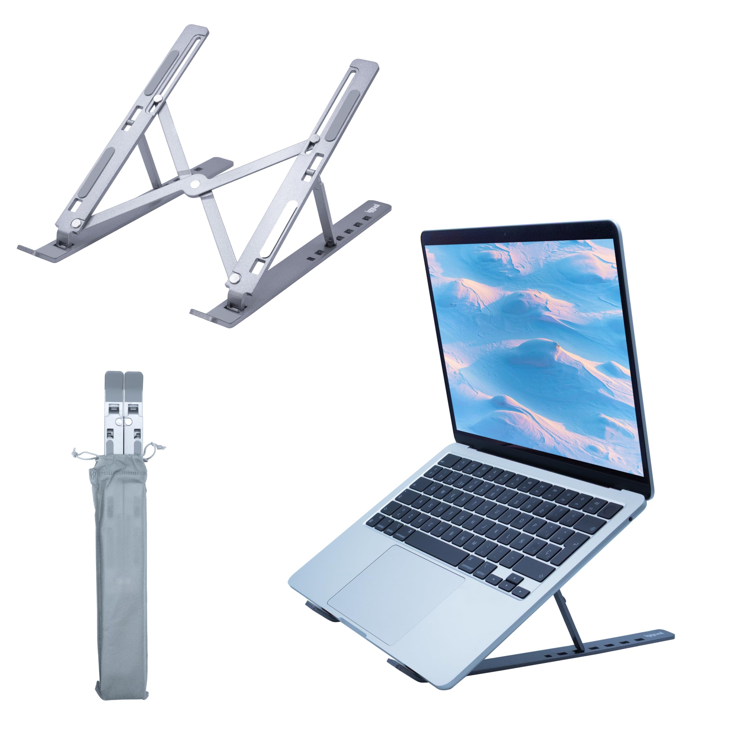iggual – Soporte para Portátil de Escritorio, Base Plegable de Aluminio Ajustable, Atril Elevador para Portátil hasta 17", Soporte Portátil de Mesa Antideslizante con Funda – Color Gris