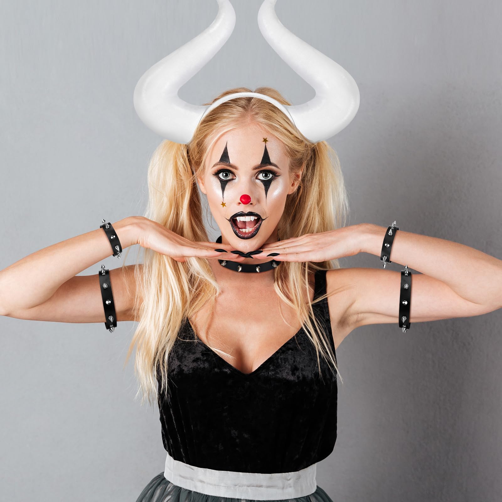 12 Pcs White Horns Halloween Cosplay Accessories Includes Horns Headband Spike Bracelet Leather Studded Bracelet Vampire Teeth Choker Cuff Fake Nails for Women Halloween Party Cosplay